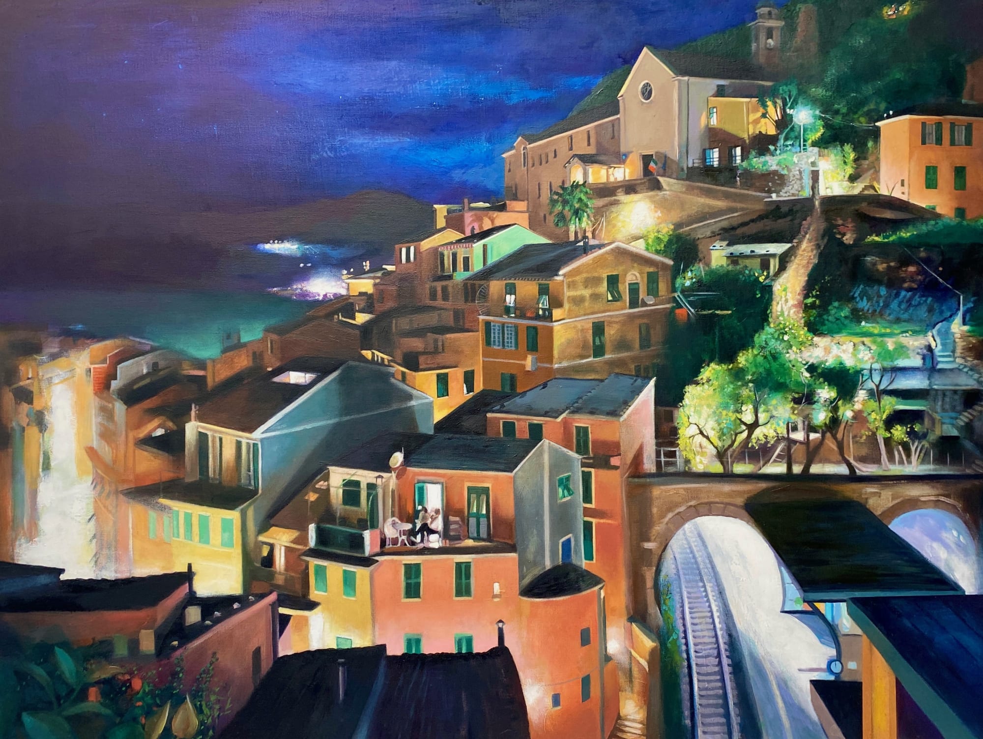 Vernazza Train Station After Dark: oil on canvas 102 x 76 cm