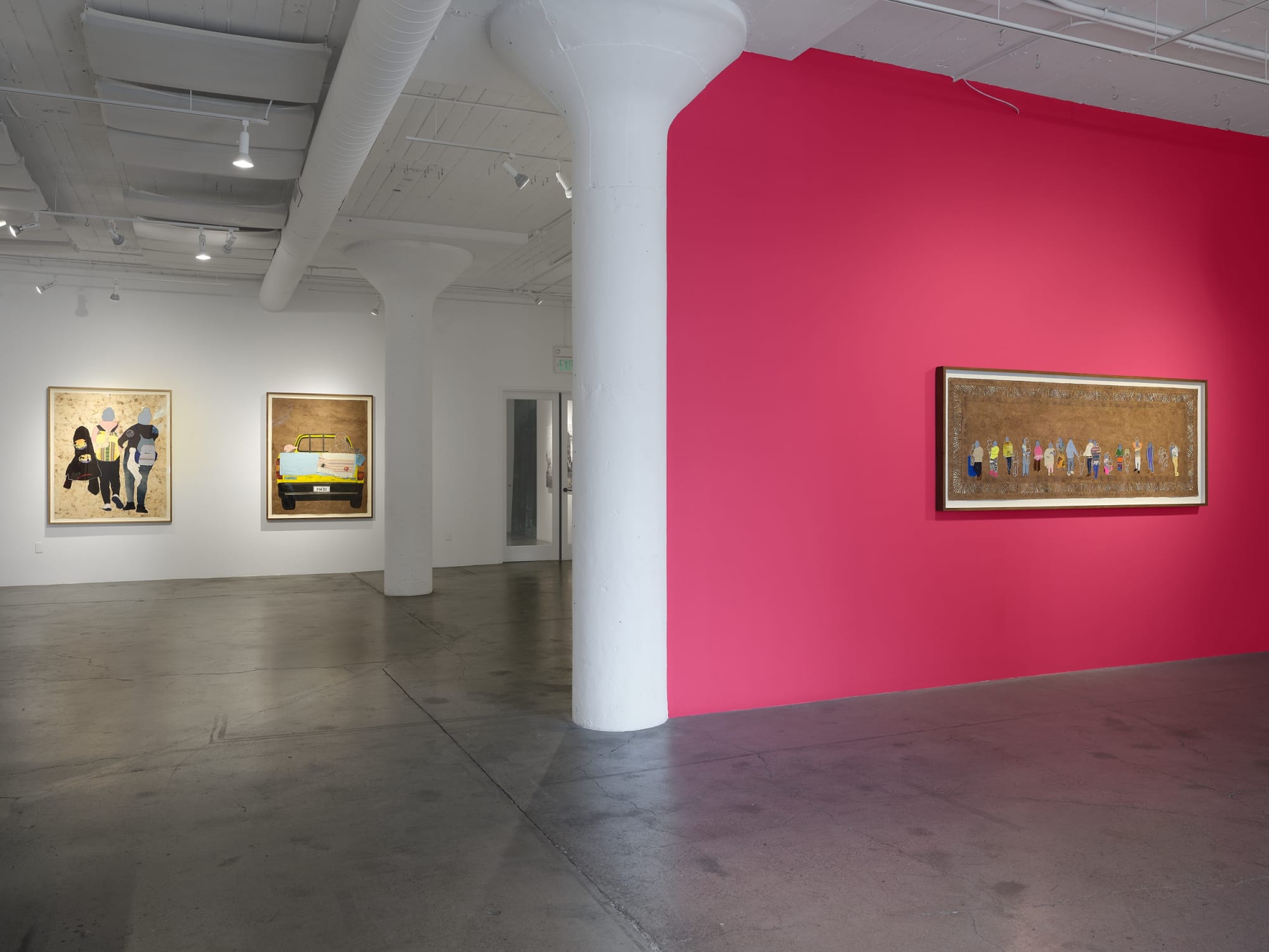 From left to right: Works by Arleene Correa Valencia: Solas Pero Siempre Juntas / Alone But Always Together, 2024; Las Madres Inmigrantes No Se Rajan / Migrant Mothers Don't Give Up, 2024; and Sobreviviendo La Persecución / Surviving The Persecution, 2025. Installation image by Chris Grunder.