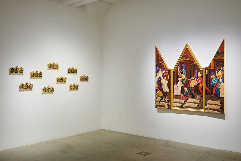 Installation image of Apocalyptic Theater/The Pope, Putin, Peach Boy and Pussy Riot Galorein 2016 at Catharine Clark Gallery, San Francisco