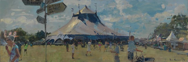Peter Brown "Circus Field: Big Top and Tea Lady Having a Ciggy” 20 x 60cm Oil on Board £4,250