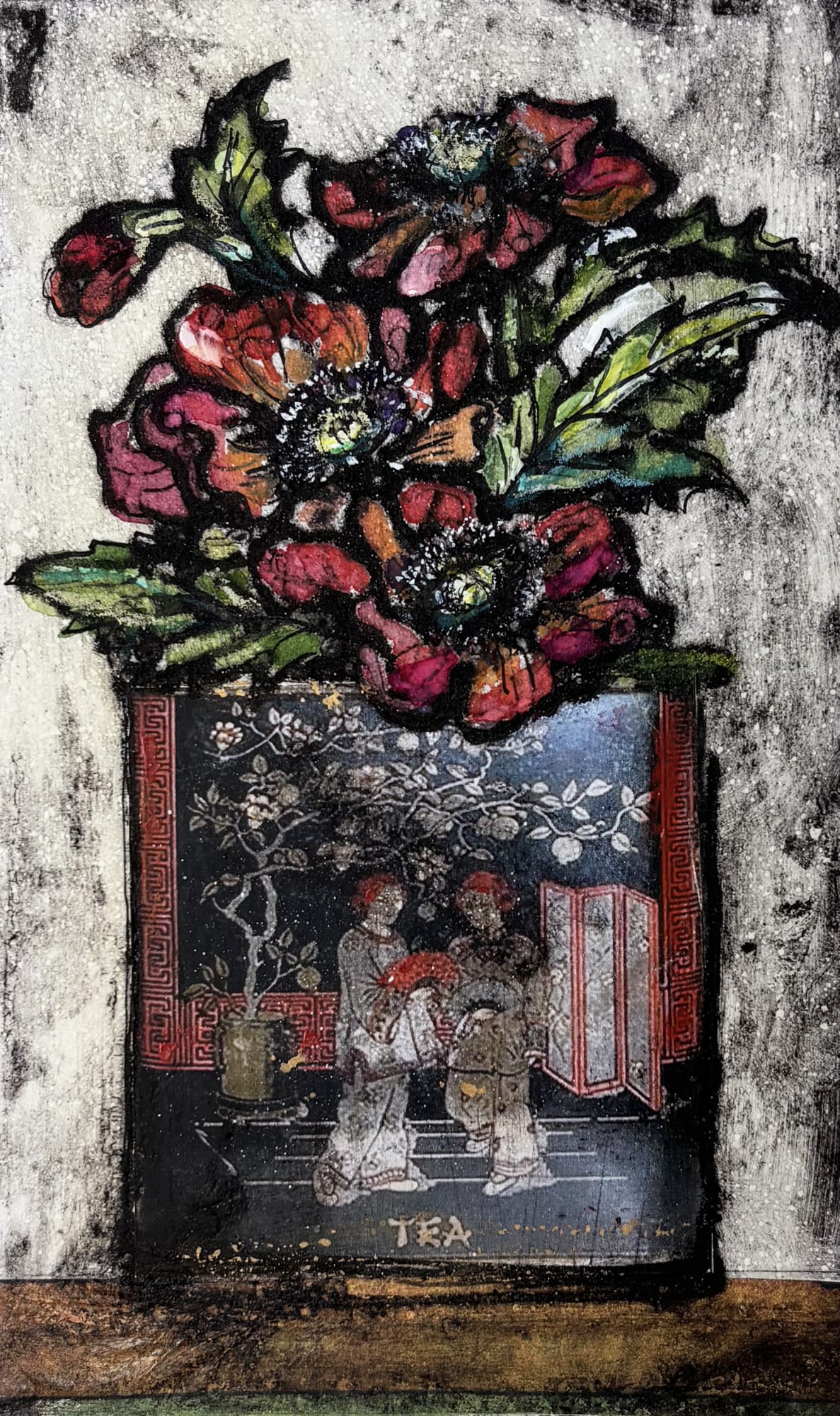 Vicky Oldfield "Grandmas Tea Tin" Edition of 30 Hand Coloured Collagraph with Chine Colle 12 x 20cms £125