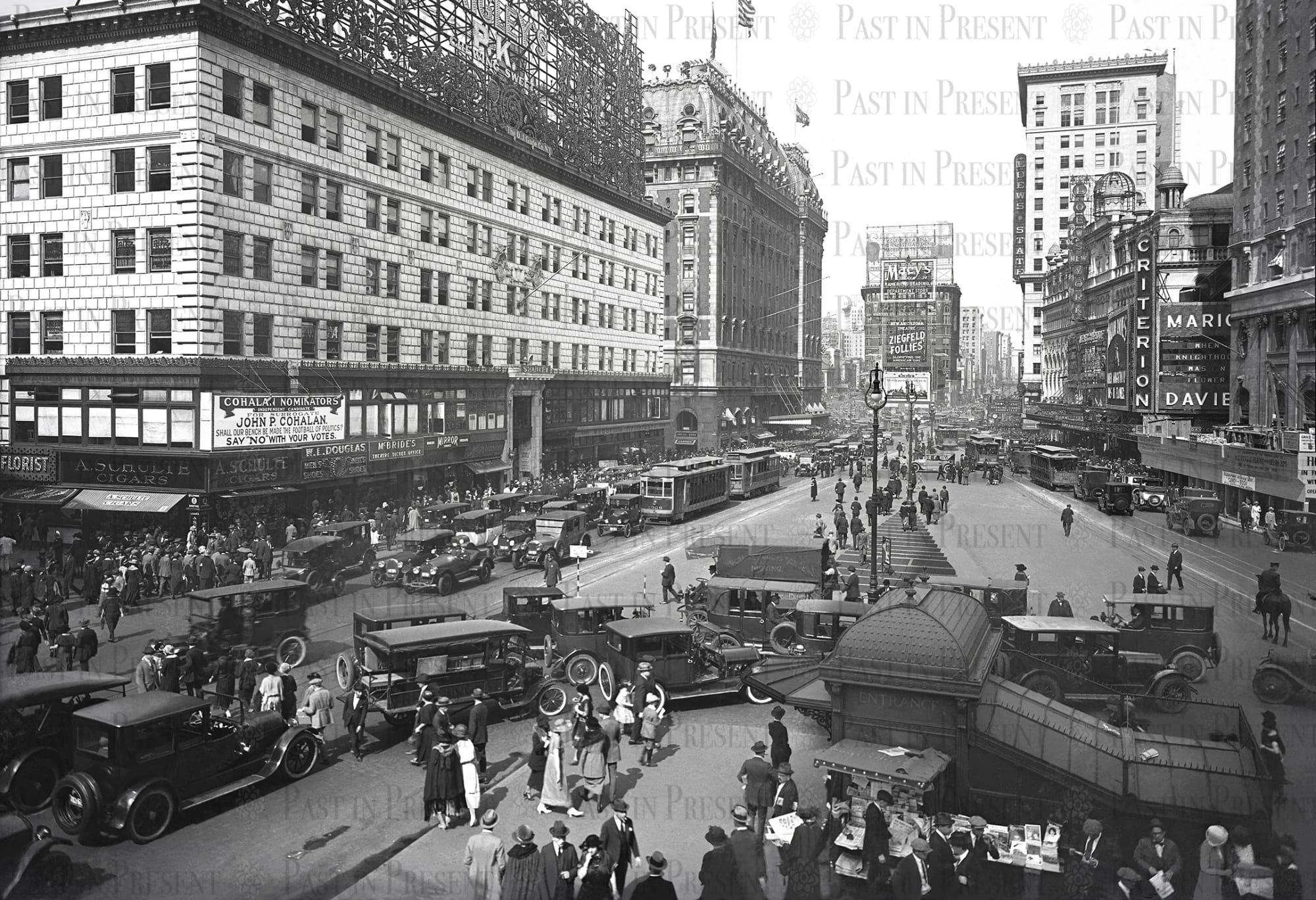 Bustling Times Square, NYC. Watermarks do not appear on the actual artwork..: NYC Times Square Wrigley’s Ziegfeld Follies Macy’s Criterion Loews New York Hotel Knickerbocker Rivoli Capitol Theatre.