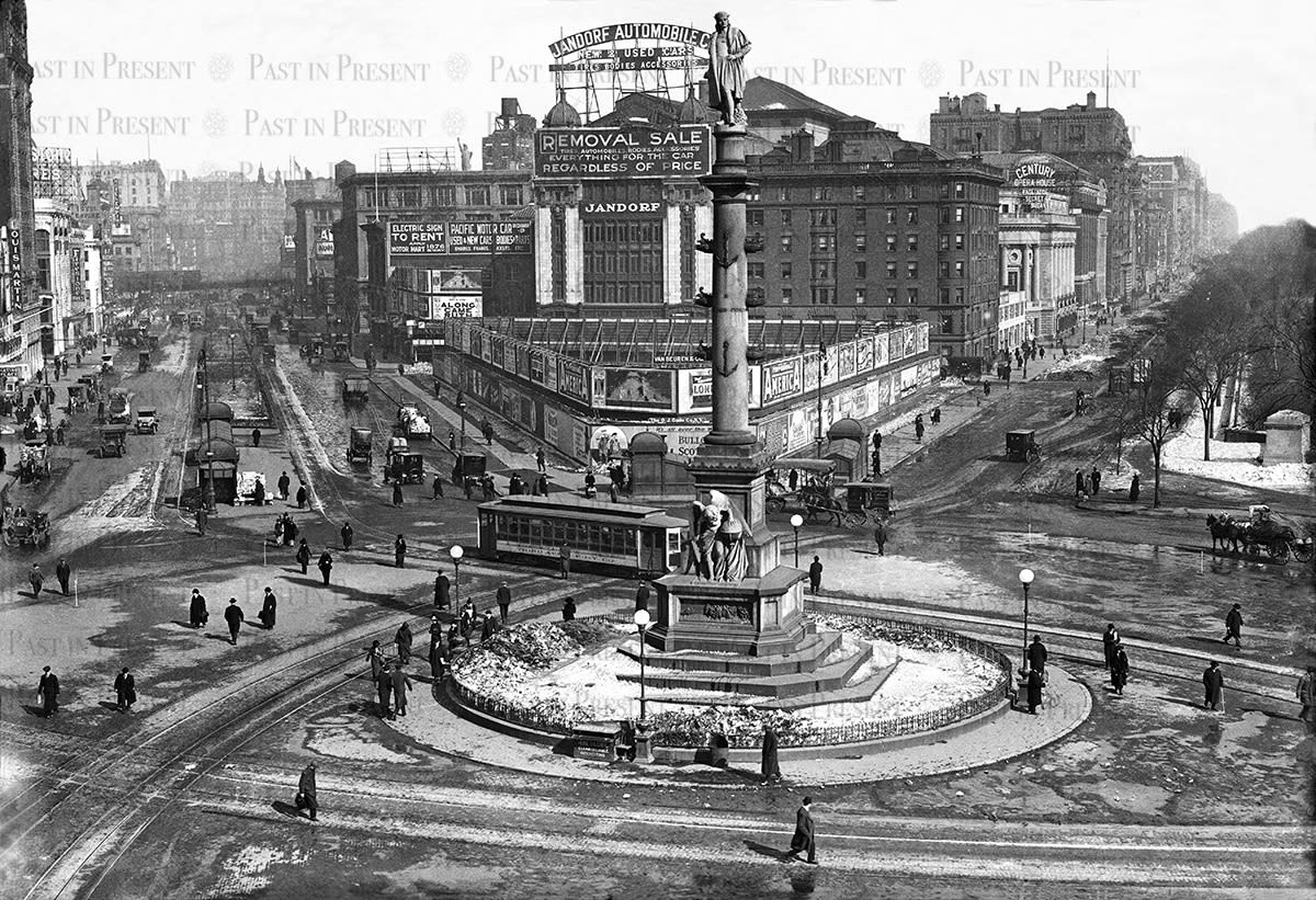 NYC Columbus Circle Trolley Carriages Busy Traffic: Electric Cars, Jandorf Automobile, Poster “Along Came Ruth” by Henry Savage, Hotel Empire, B.F. Keith’s Colonial Theatre, Firestone Tires, Century Opera House by Pagliacci “Secret of Suzanne”, Lous Martin and more....