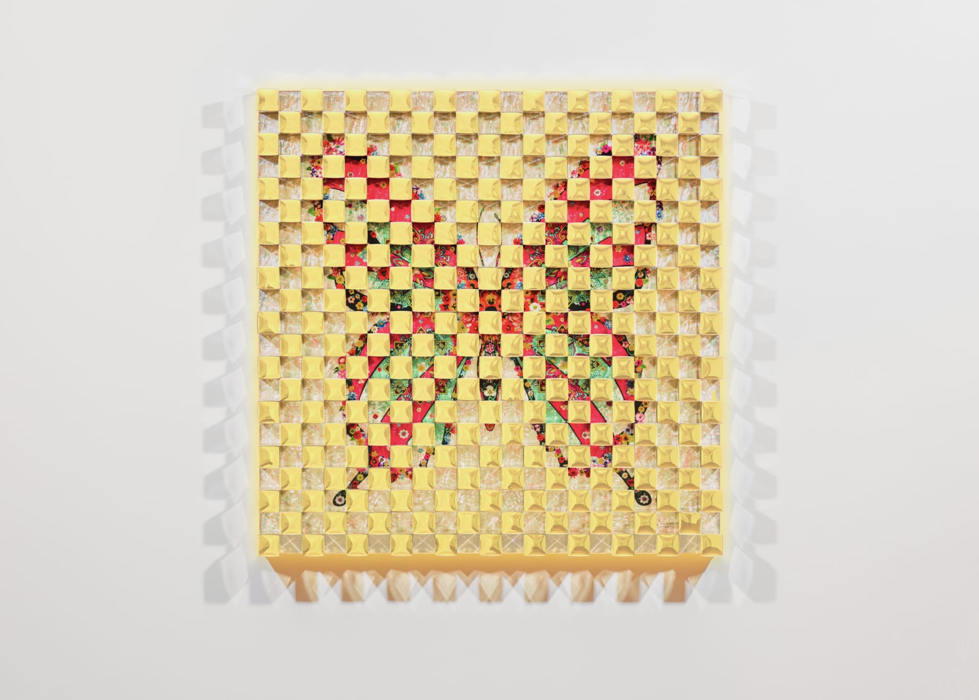 EUNMI CHAE Eternal Butterfly-22(Mazenta), 2021 Gold leaf,gold-plated injection model, Korean traditional lacquer & painting on Mother of pearl, birch panel 71.6 x 71.6 x 7.5 cm (h x w x d)