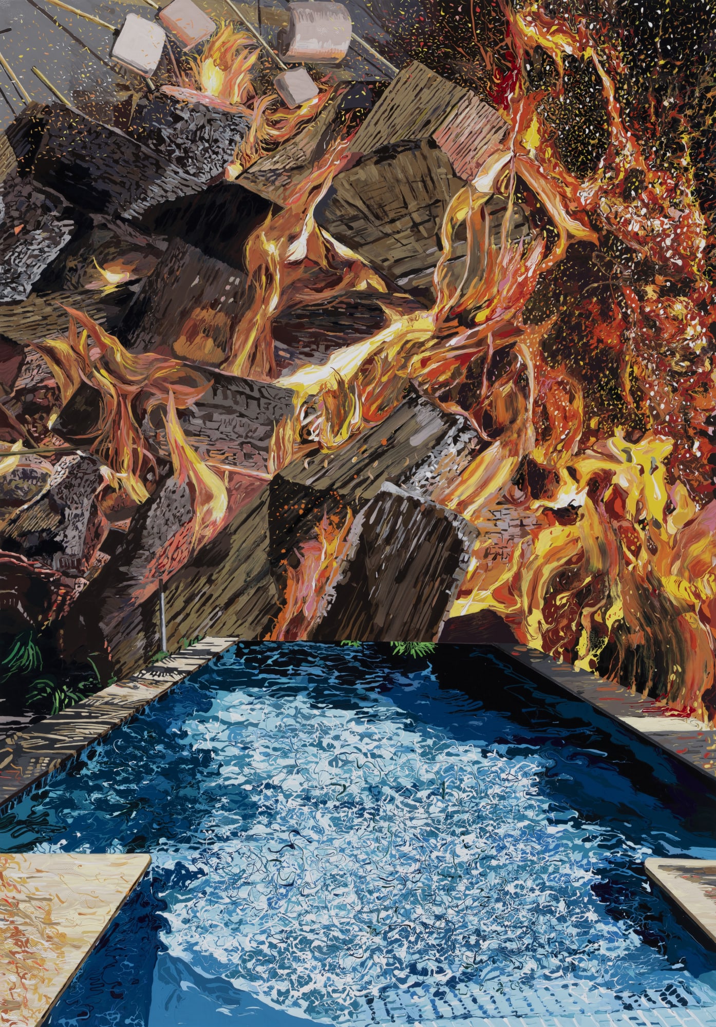 Pool with fire 2024 Enamel and acrylic on canvas 152.4x107cm