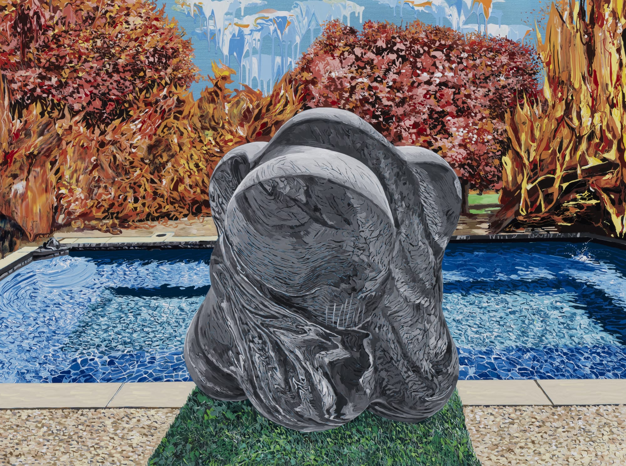 sculpture in the pool with fire 2024 enamel and acrylic on canvas 91.4x121.9 cm