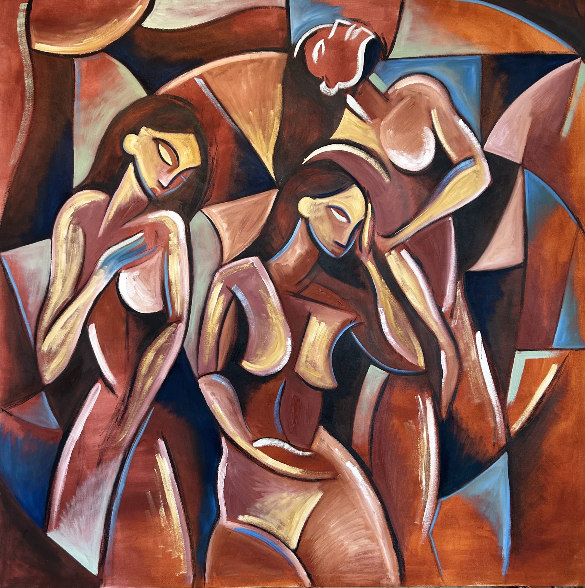 oil painting of three female figures in cubist style and bronze and deep yellow pallet by Max Hembrow 2025.