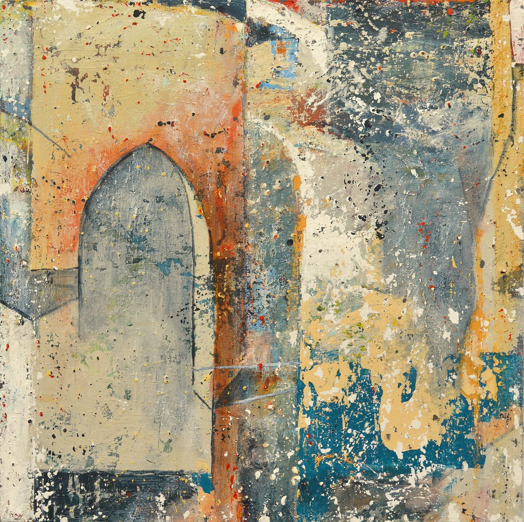 abstract painting with arched doorway.