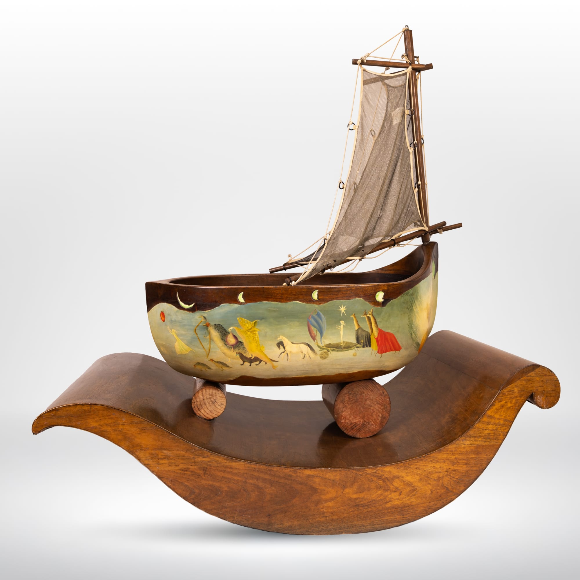 La cuna (The Cradle), c. 1945. Carved and painted wood, rope, and fabric. Woodwork done by José Horna. 54 3/10 x 50 4/5 x 26 inches (137.9 x 129 x 66 cm). Photo by Scott Saraceno. Image courtesy of Gallery Wendi Norris, San Francisco, CA.