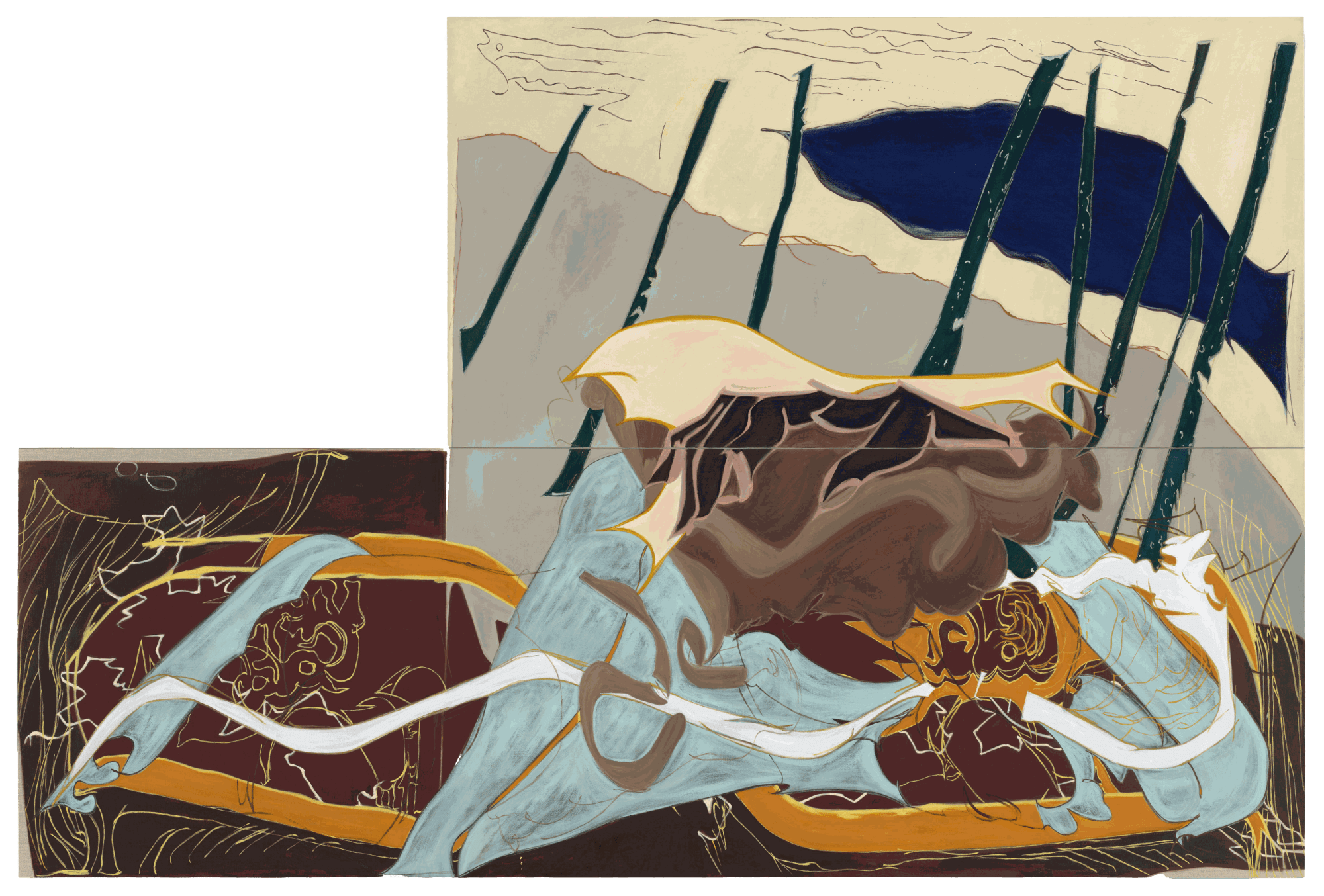 Lisa Jo, In the Cut, 2025. Oil on linen, diptych, 36 3/4 x 71 3/4 inches & 36 1/2 x 107 1/2 inches. Photo by Eric Tschernow.