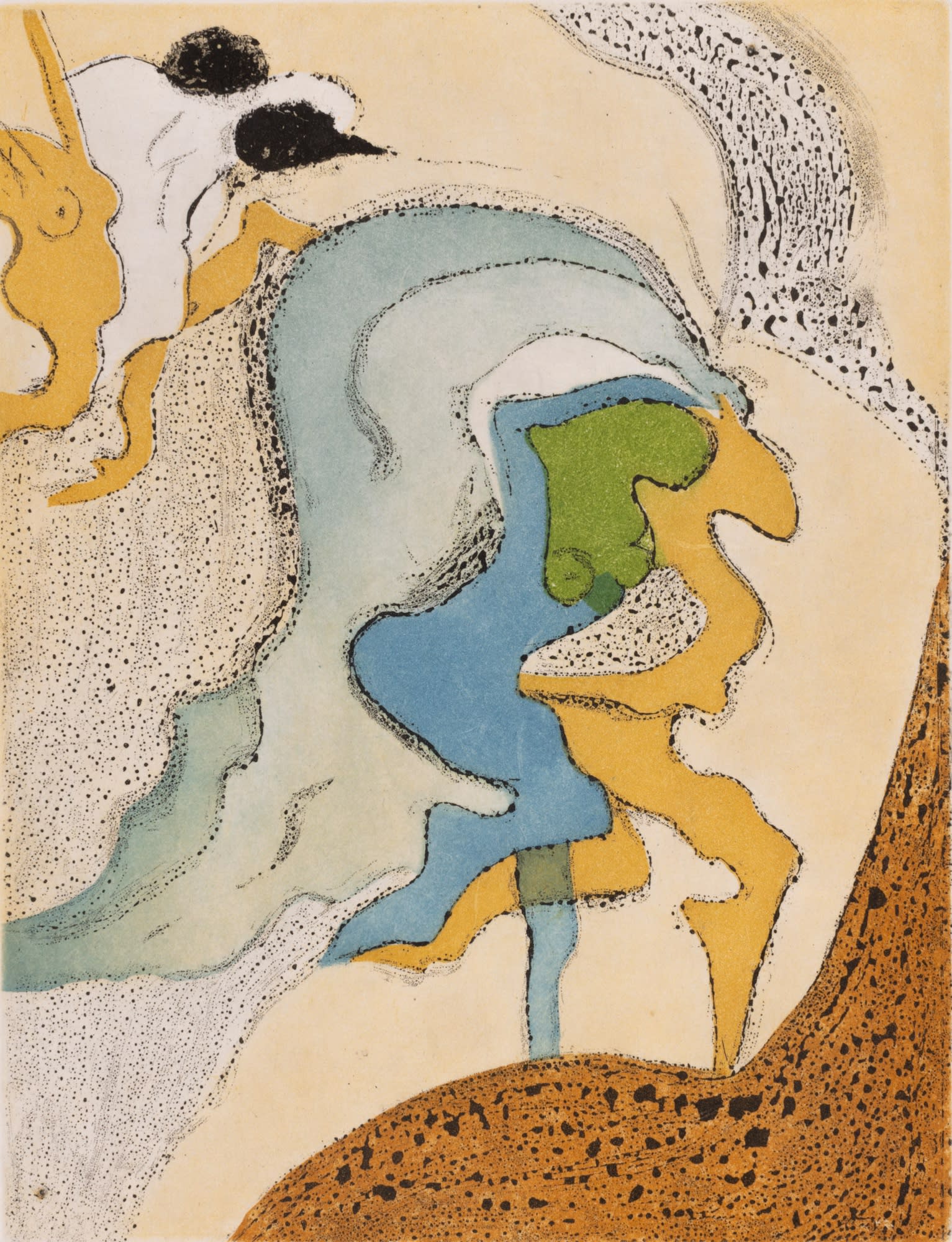 Dorothea Tanning, Midi et demi (Half-Past Noon), 1973. Aquatint and sugar-lift aquatint on japon paper, 11 x 8 1/2 inches / 27.94 x 21.59 cm. Edition of 100