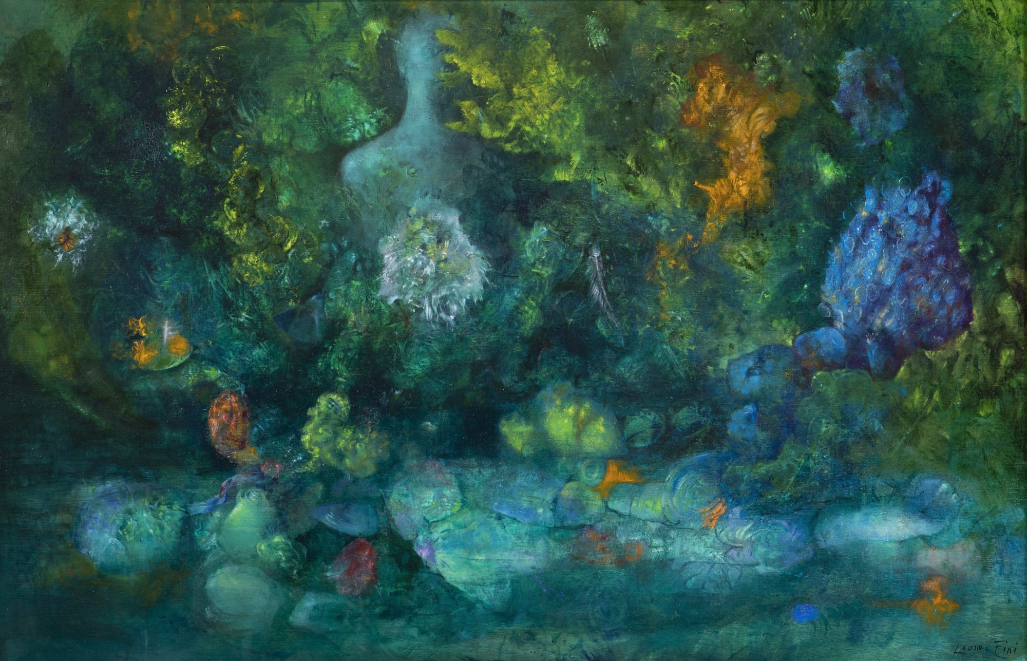 Leonor Fini, L'Eau endormie, 1962. Oil on canvas, 23 5/8 x 36 1/4 inches / 60.02 x 92.08 cm