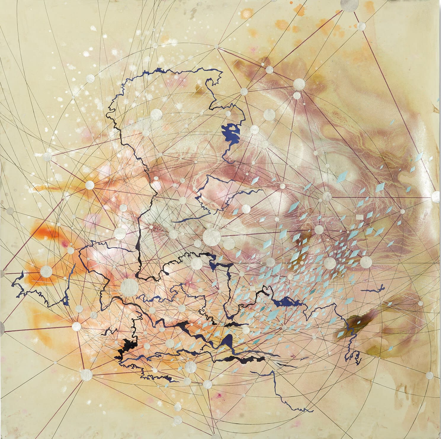 Val Britton, Reverberation #73 , 2021, acrylic, ink, and collage on paper 36 x 36 inches (91.4 x 91.4 cm)