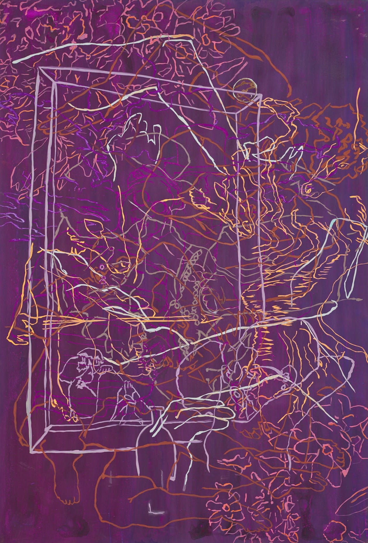 Ranu Mukherjee, we are multi-dimensional beings, 2017, pigment and milk paint on paper on panel, 75 x 51 inches (190.5 x 129.5 cm)