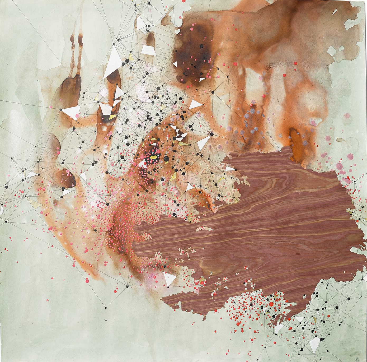 Val Britton, Reverberation #35, 2016, Ink, collage, and wood veneer on paper, 36 x 36 inches (91.4 x 91.4 cm)