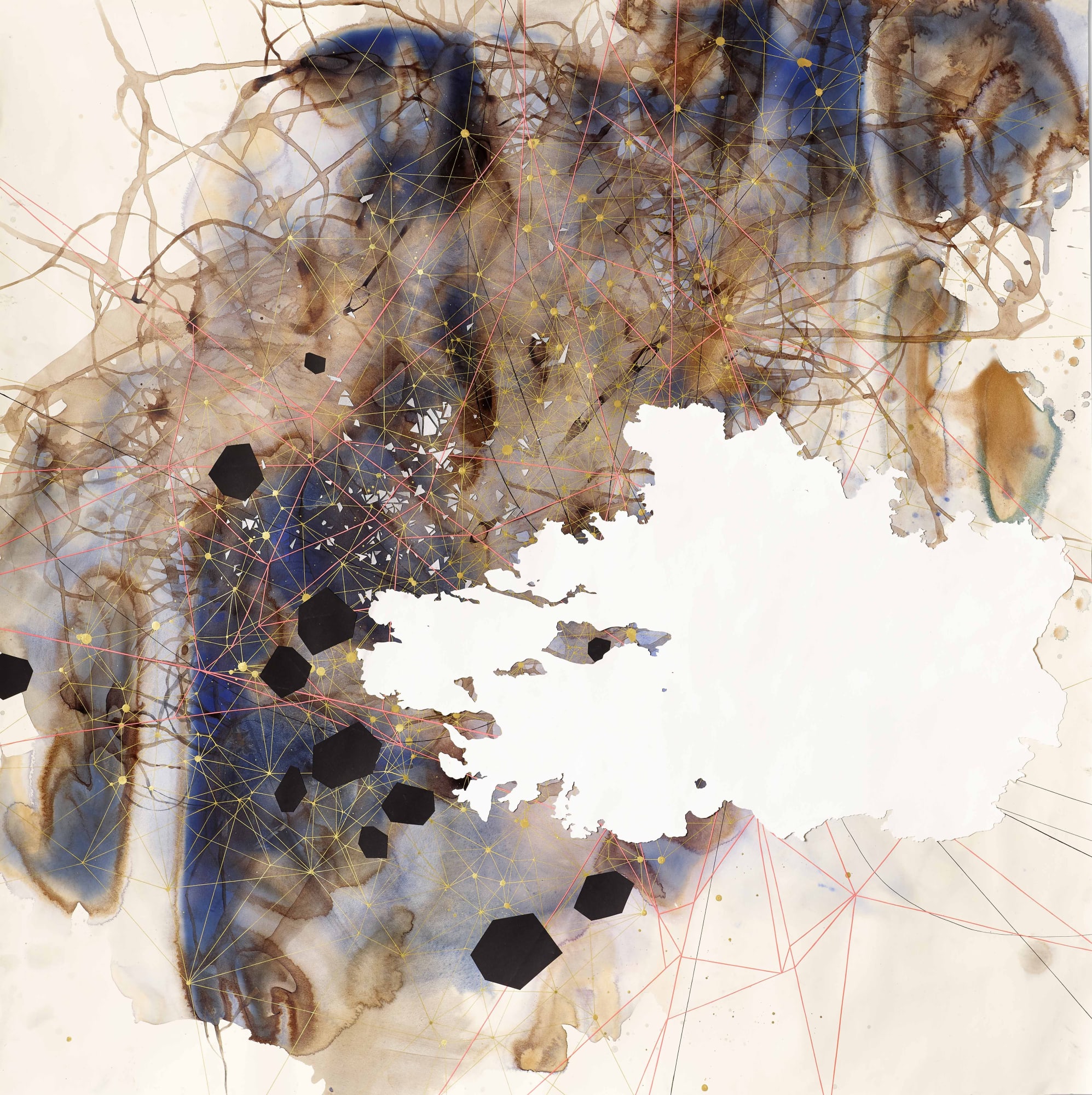 Val Britton, Satellite, 2016, Acrylic, ink, and collage, 49 1/2 x 49 1/2 inches (125.7 x 125.7 cm)