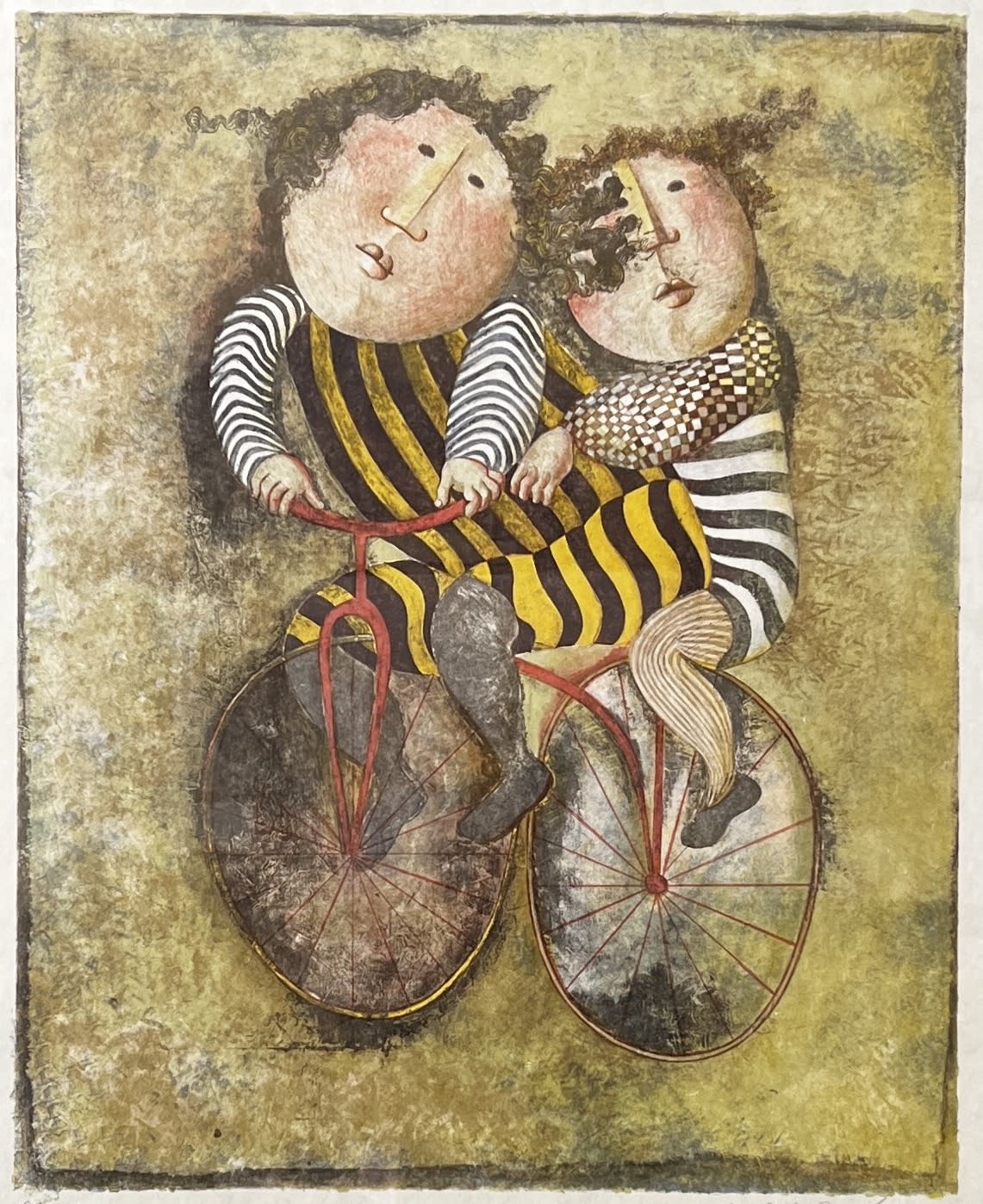 "Soeurs a Bicyclette" is another charming lithograph by Graciela Rodo Boulanger. It features bold, bright colors and a composition that radiates wonder and a sense of togetherness. The figures have exaggerated proportions, giving them a dreamlike, almost storybook quality. The background and subtle details emphasize motion and evoke an adventurous energy. Boulanger's use of texture and layered shading adds depth to the print, showcasing her skill in balancing simplicity with sophistication.