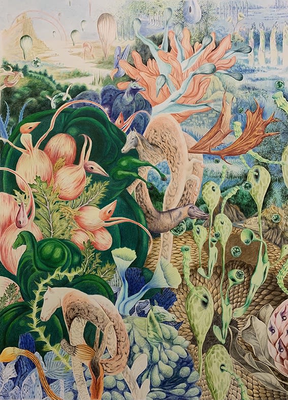 Shima Faridani Crossed eyes and horseheads, 2021 Color pencil on cardboard 95 x 70 cm 37 3/8 x 27 1/2 in