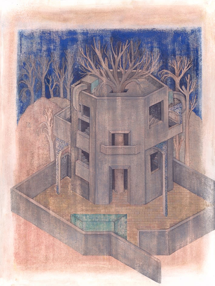 Narges Fadakar Zal and Rodabe, 2023 Gouache, watercolor, isograph pen and dry pigment on cardboard 60 x 50 cm 23 5/8 x 19 3/4 in