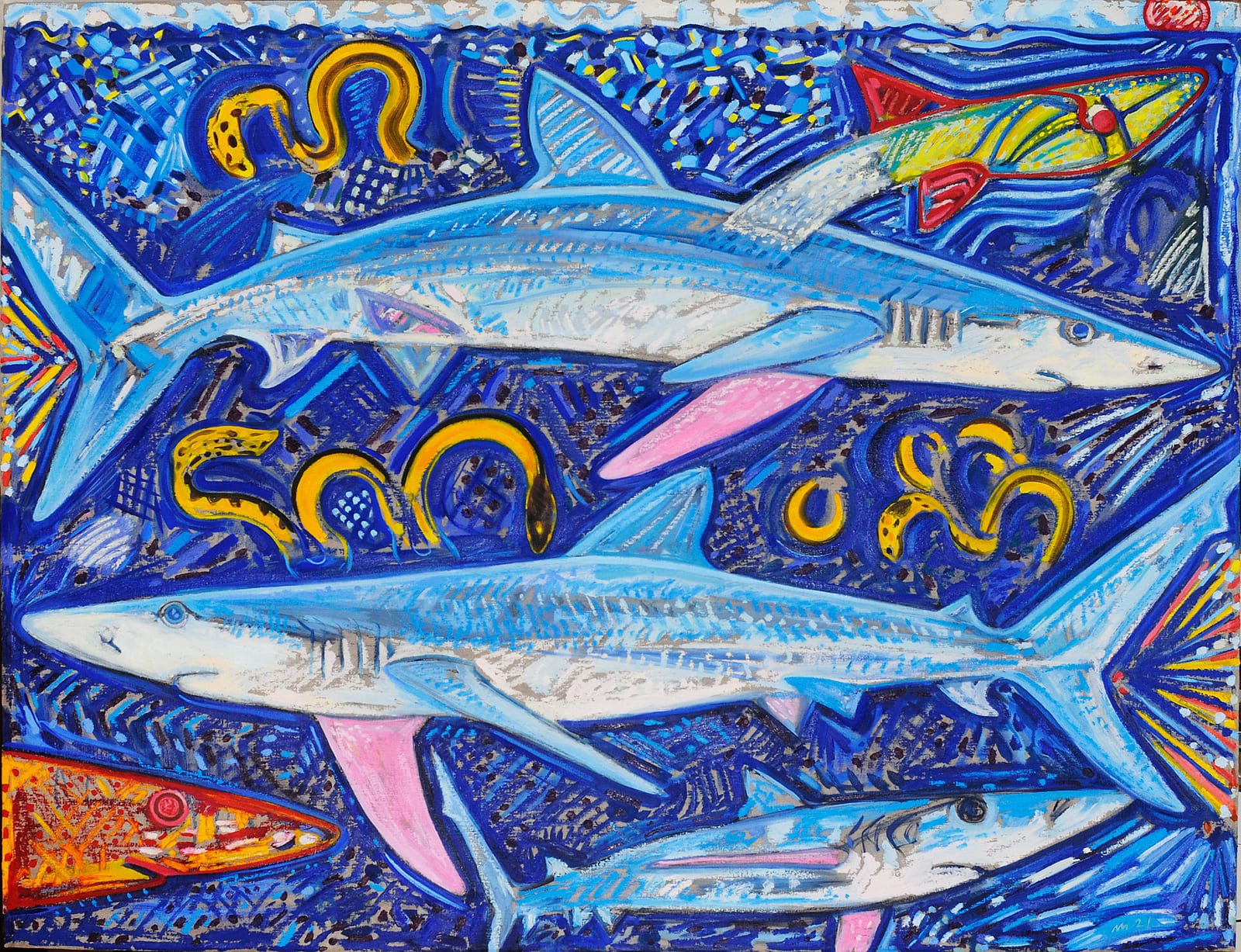 Yellow Bellied Sea Snakes and the Spirit of the Blue Shark, Oil Stick, Oil Paint, and Wax on Linen Mounted on Wood, 48x60", 2021