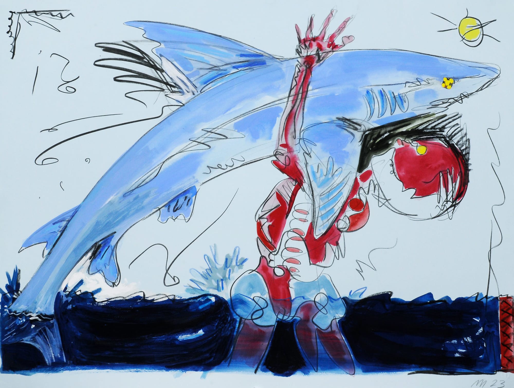 Shark Catcher, Monotype with Hand Additions on 22x30" Paper, Printed at Milestone Graphics, 2023