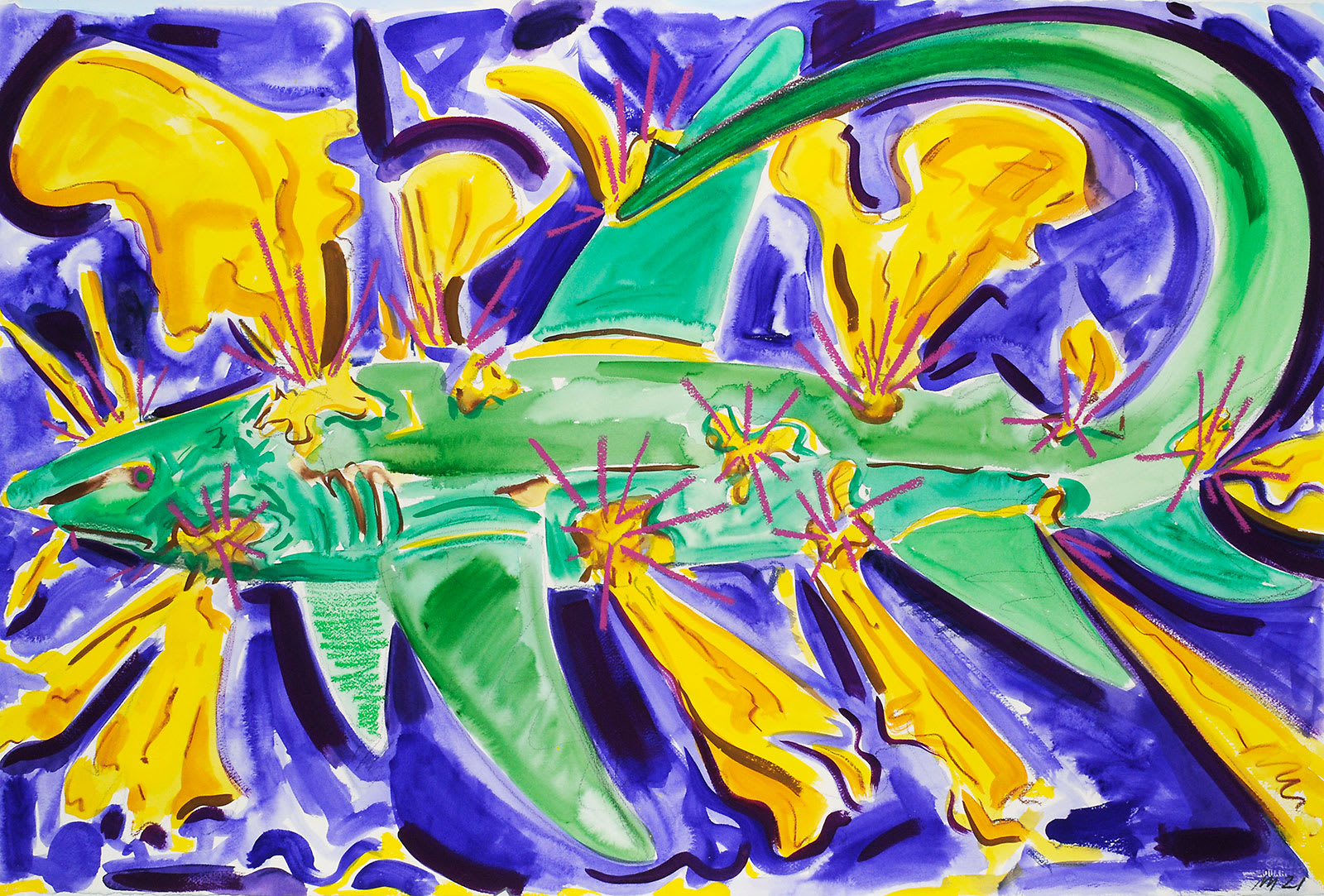 The Life Force of the Thresher Shark, Gouache and Oil Pastel on Paper, 26x40", 2021