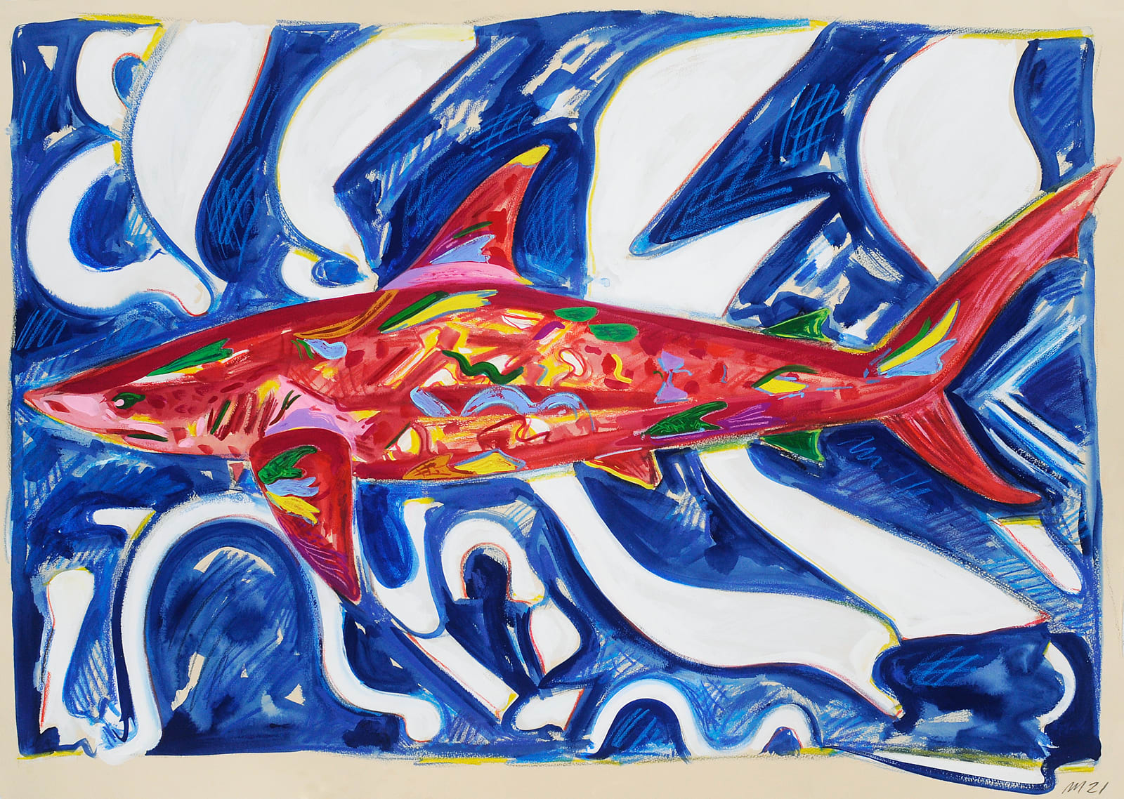 Night Shark II, Gouache, Crayon, and Oil Pastel on Paper, 29.5x42", 2021