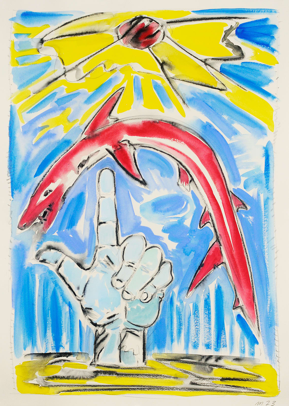 God Creates the Shark, the Shark Bites God, Pencil and Gouache on Paper, 30x22", 2023