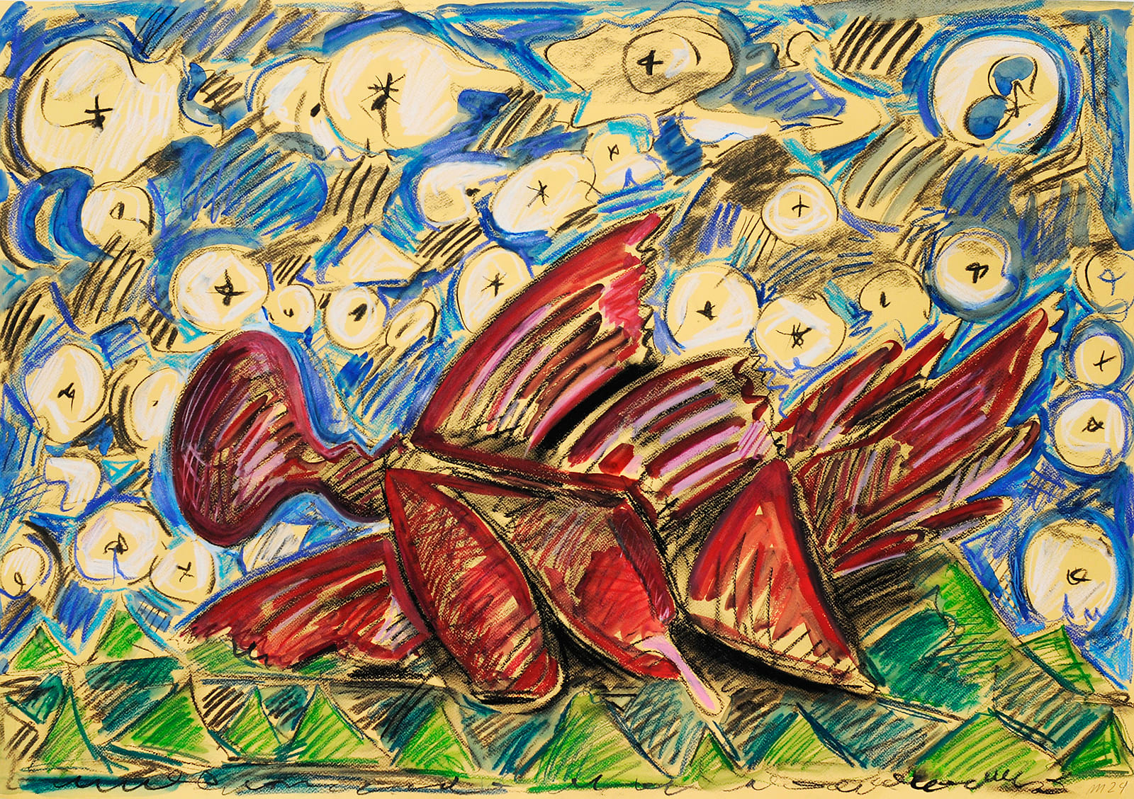 Nudibranch, Mixed Media on Yellow Paper, 27x42", 2024