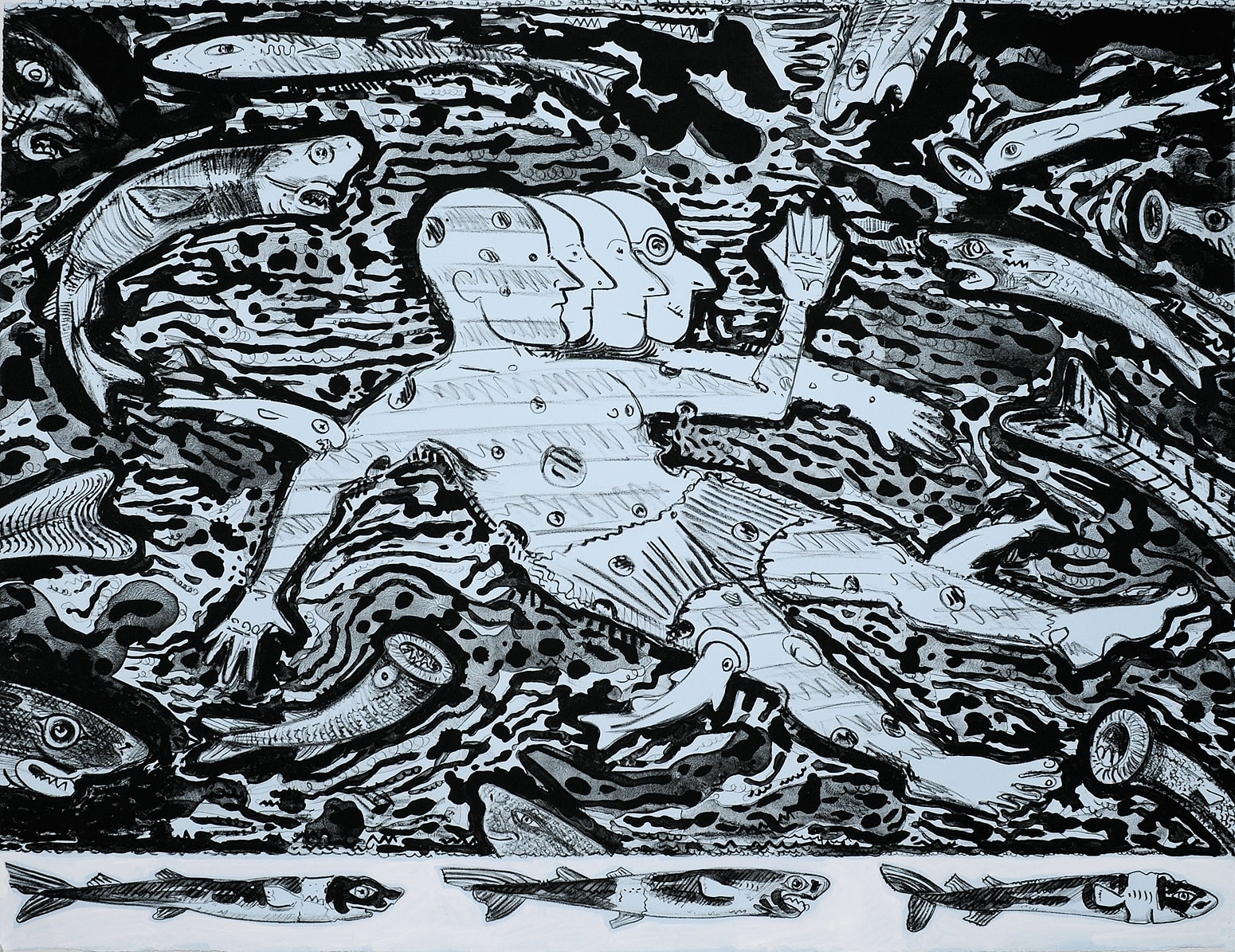 Man Contemplating the Cookie Cutter Shark, Lithograph on Magnani Pescia Blue with White Gouache Addition, Edition of 12, 22x30", 2023 Printed at Milestone Graphics