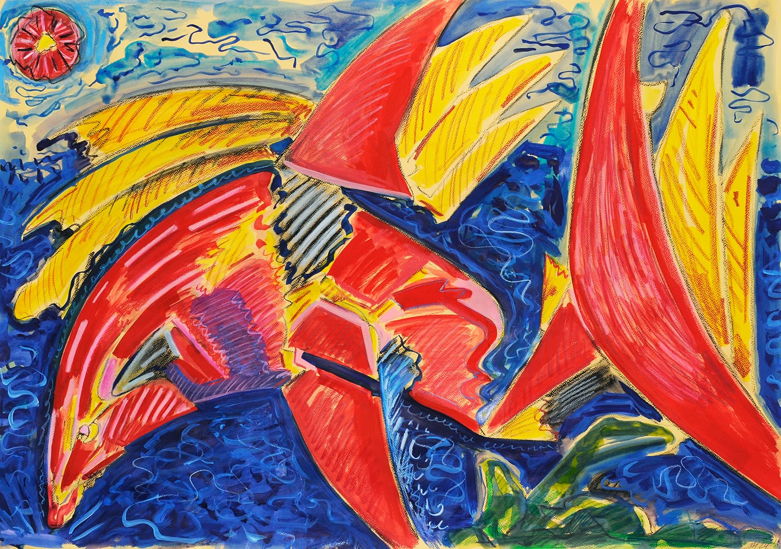 Deconstructing A Shark, Mixed Media on Yellow Paper, 29.5x39", 2024