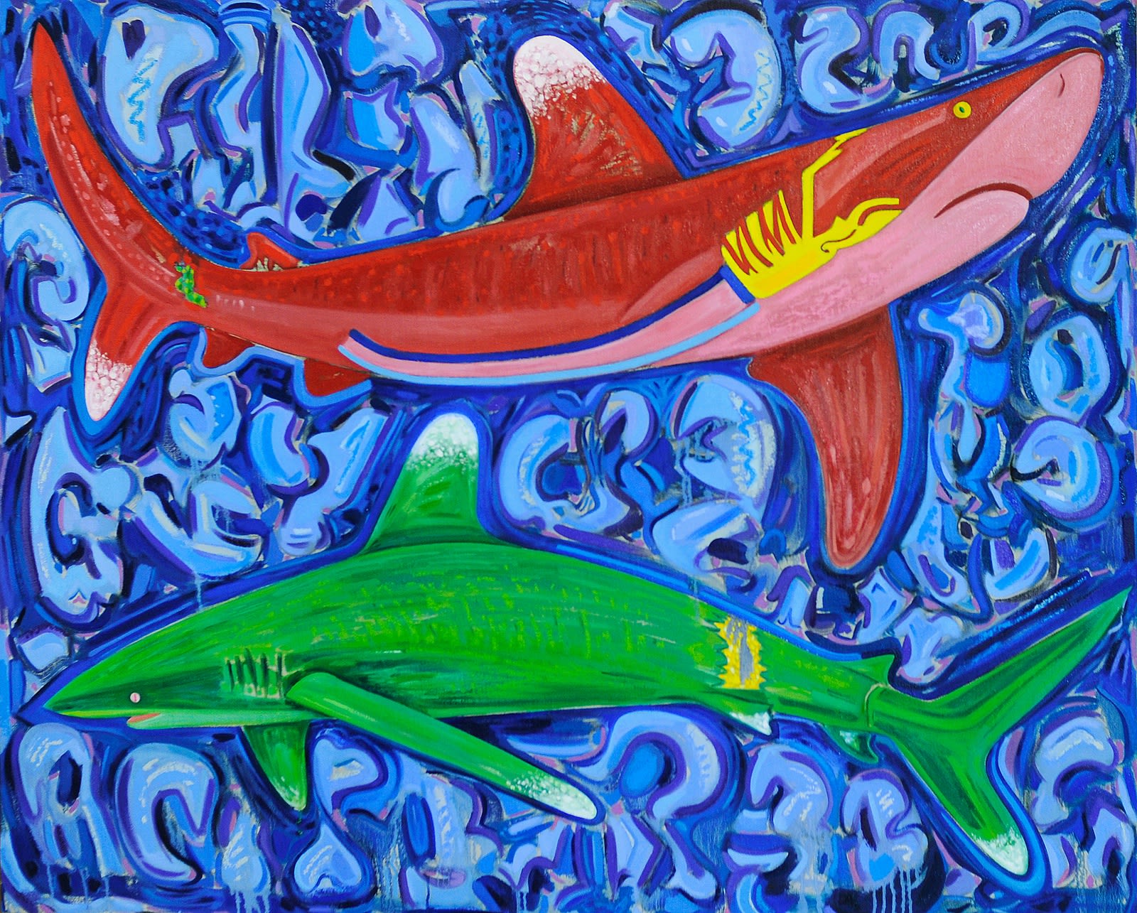 Distressed Oceanic White Tip Sharks (Green and Red) , Oil Stick, Oil Paint, and Wax on Linen Mounted on Wood, 48x60", 2025