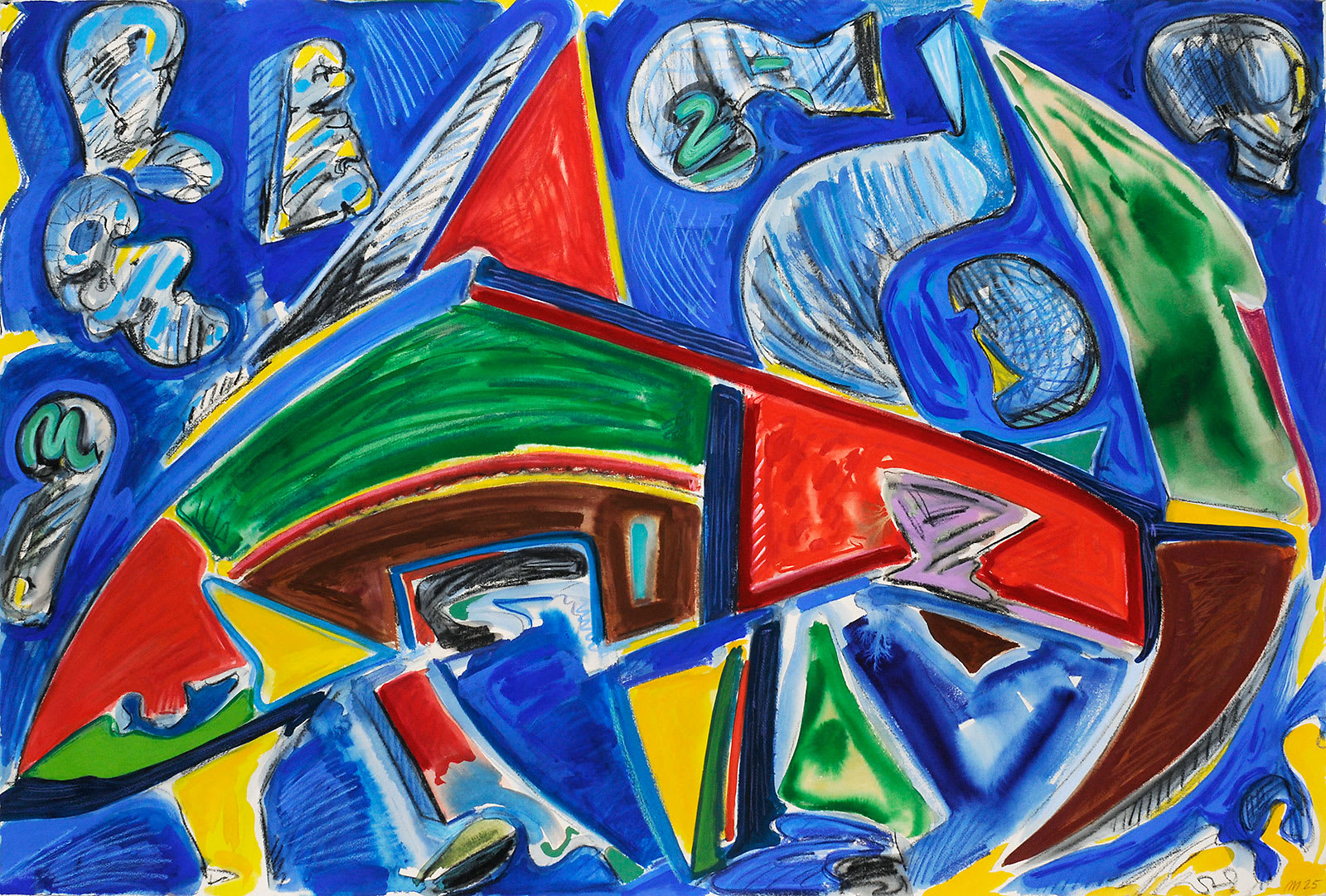 Deconstructing A Shark, Gouache, Oil Pastel, and Crayon on Paper, 32x44", 2025