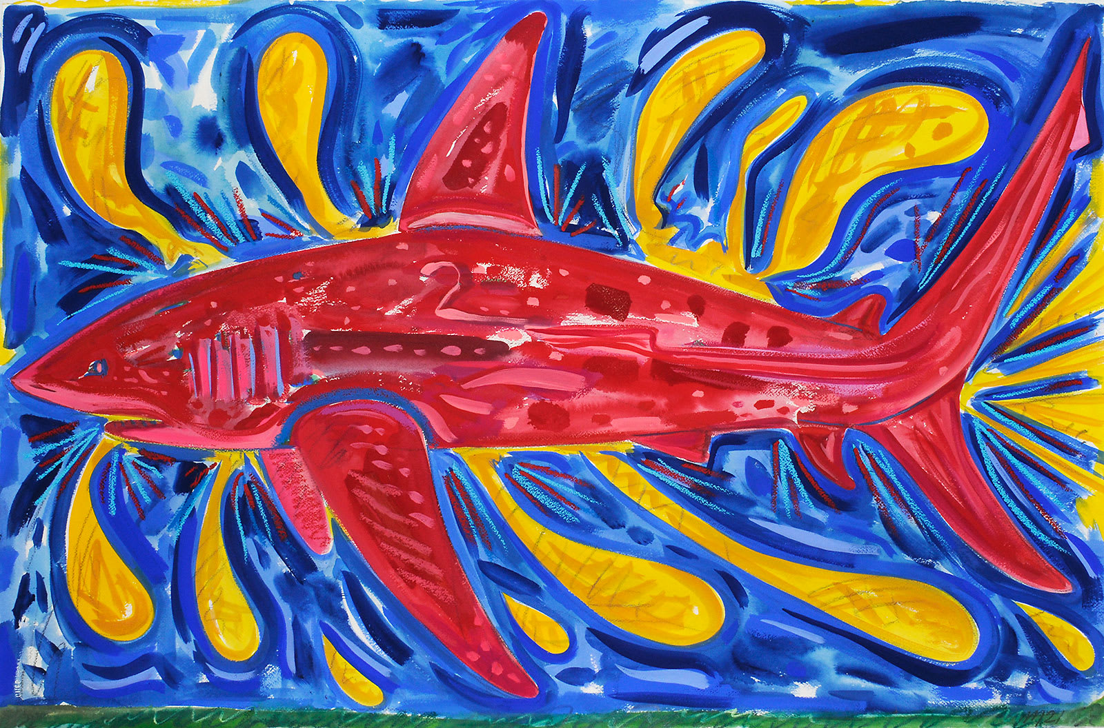 The Life Force of the Red Shark, Gouache and Oil Pastel on Paper, 26x40", 2021