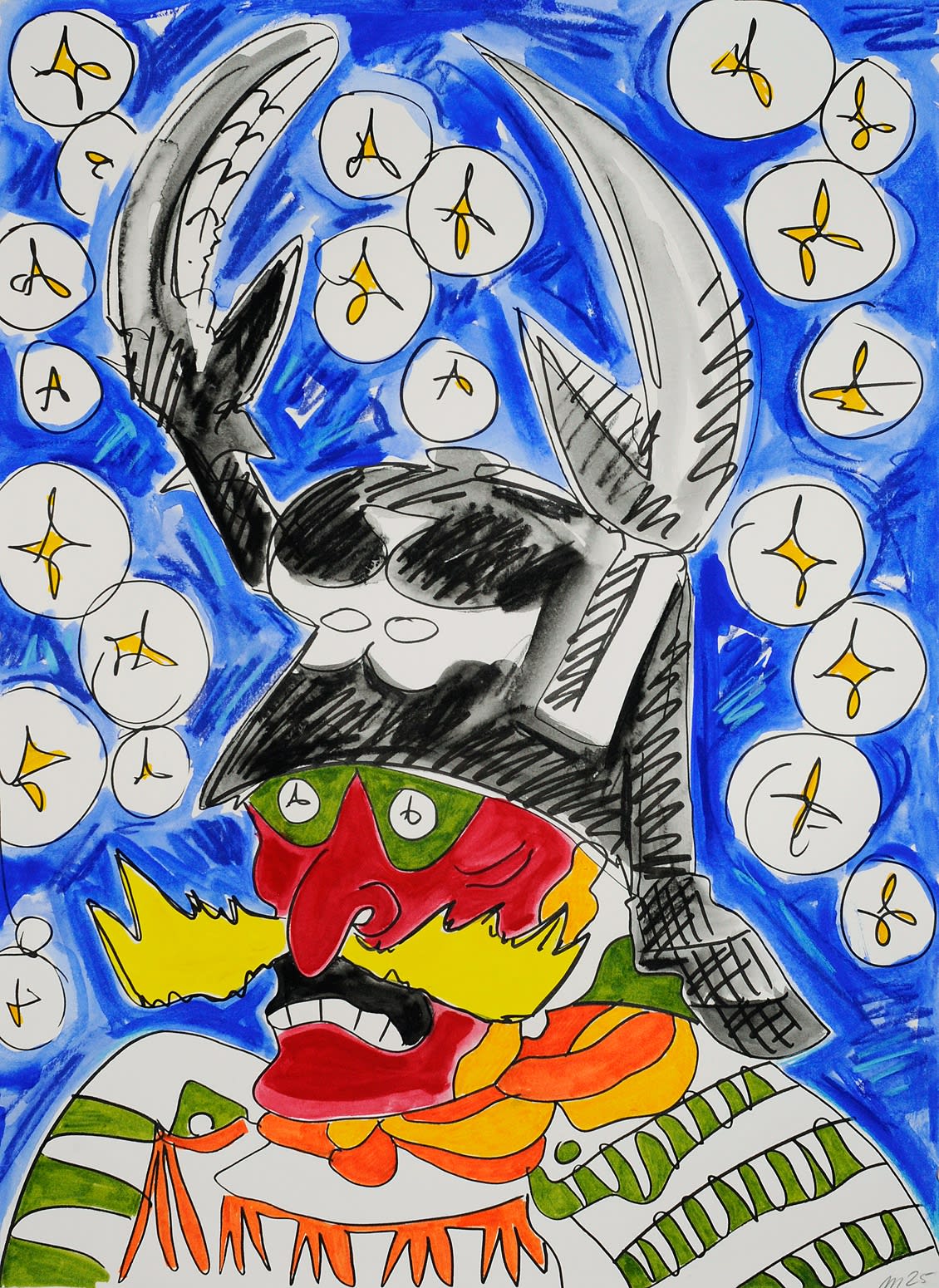 Samurai with Crab Helmet, Gouache and Marker on Paper, 30x22", 2025