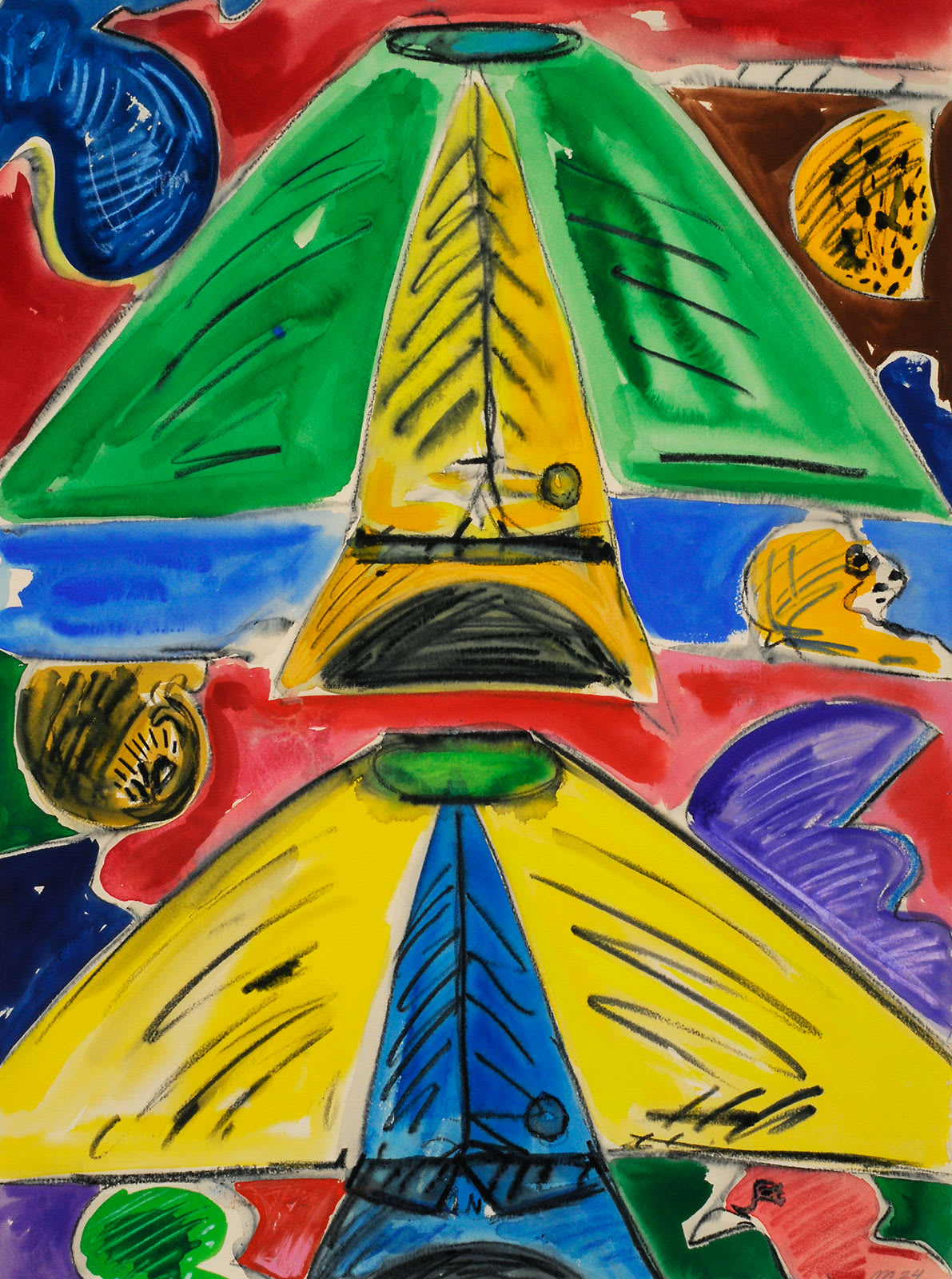 Mount Fuji Helmets, Gouache, Crayon, and Pencil on Paper, 30x22", 2024