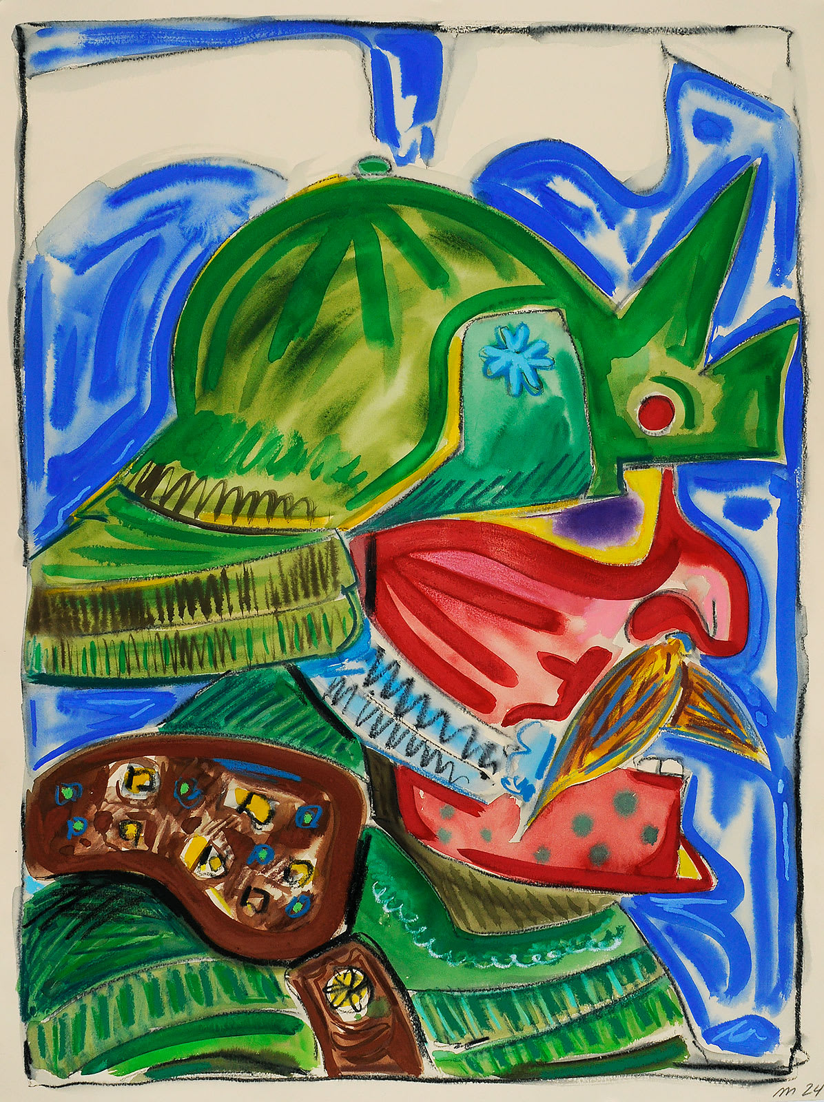 Green Samurai, Gouache, Pencil, and Crayon on Paper, 30x22", 2024