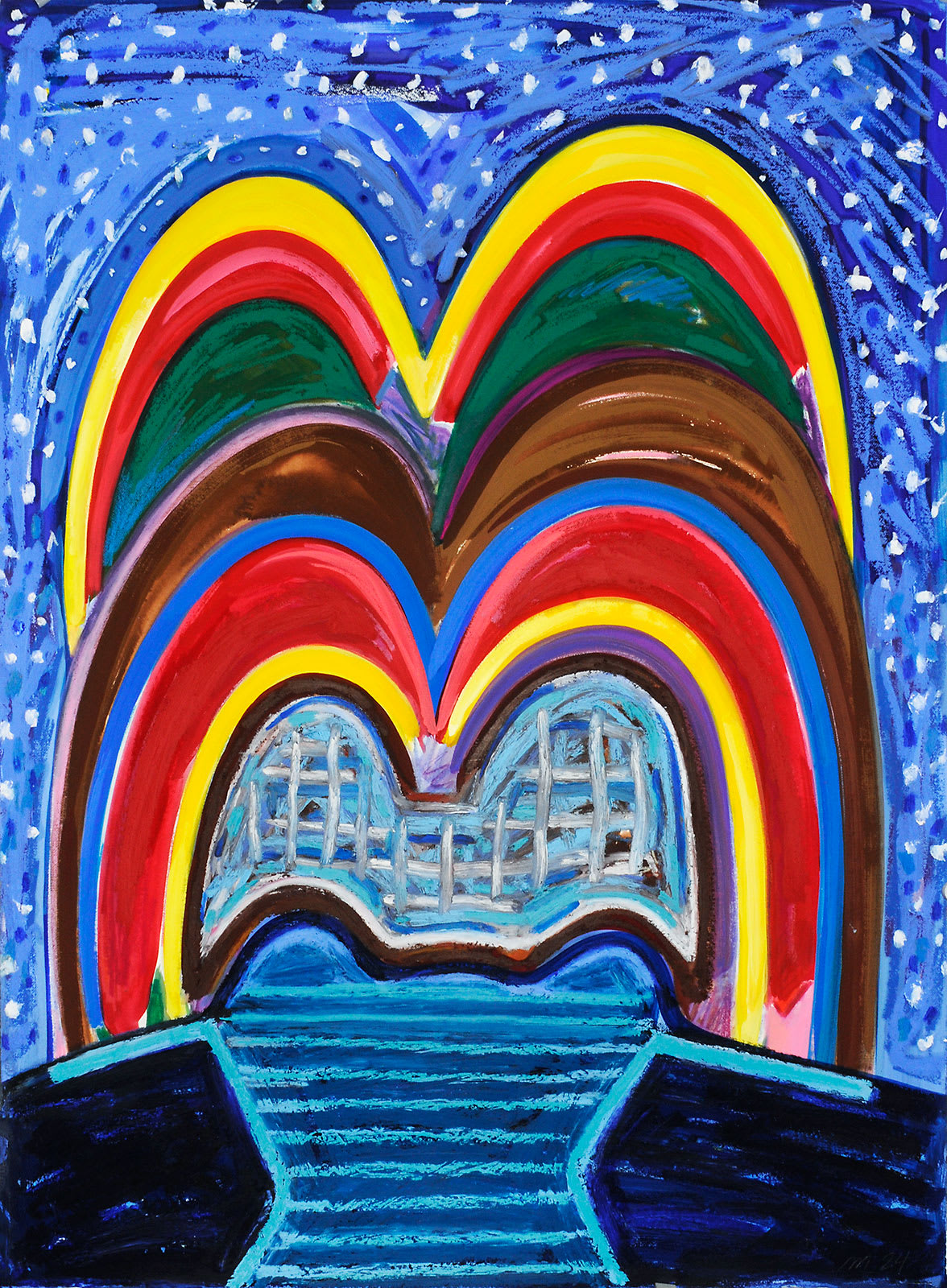 Double Rainbow Night Prison, Gouache, Oil Pastel, and Crayon on Paper, 30x22", 2025
