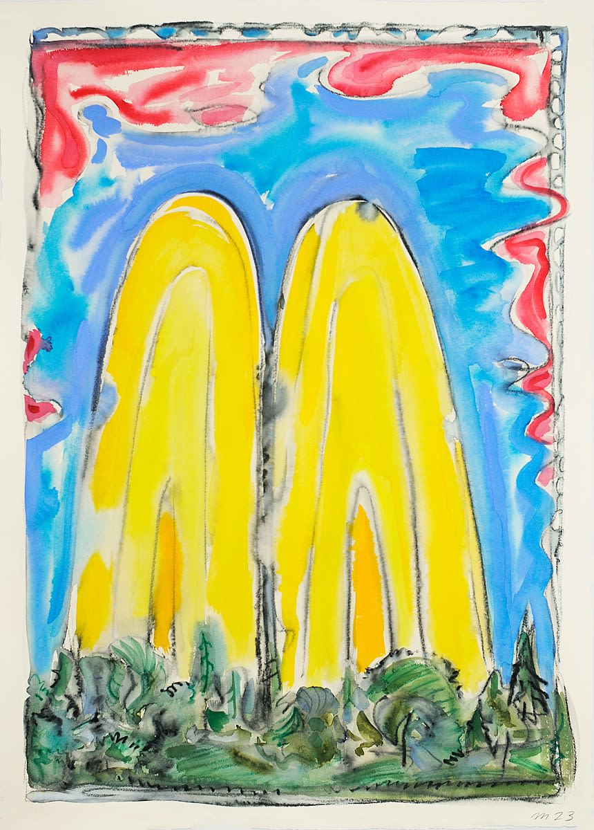 Double Yellow Rainbow, Mixed Media on Paper, 30x22", 2023