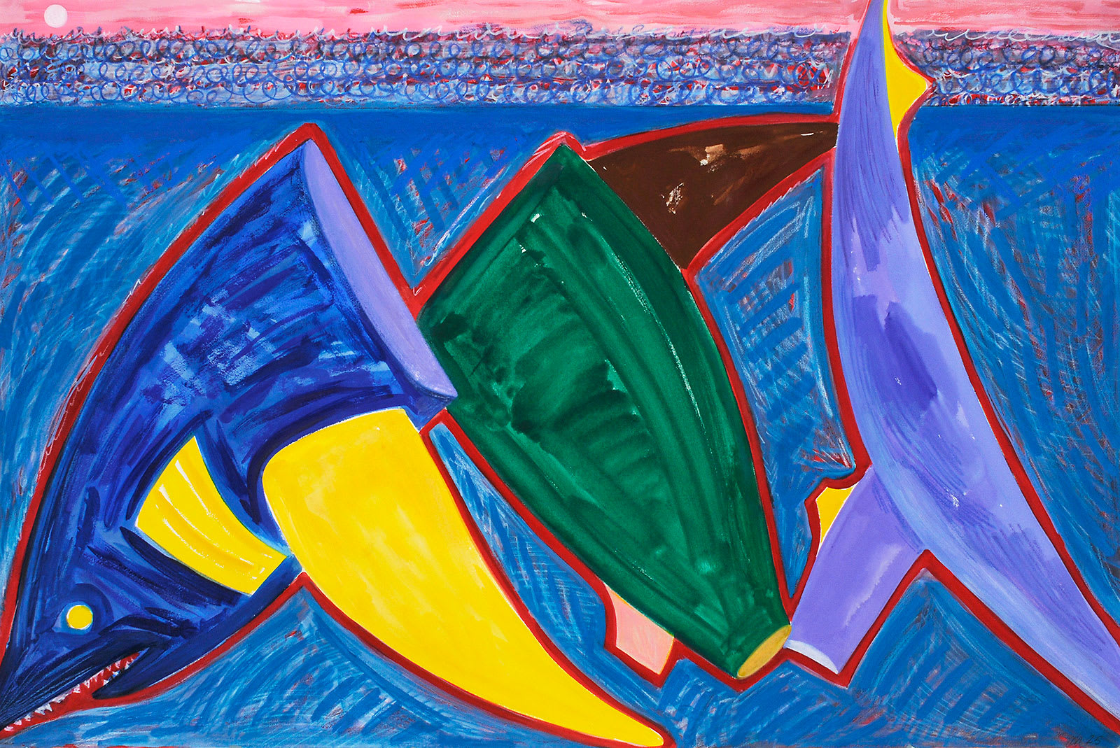 Deconstructing A Shark, Gouache, Oil Pastel, and Crayon on Paper, 32x44", 2025