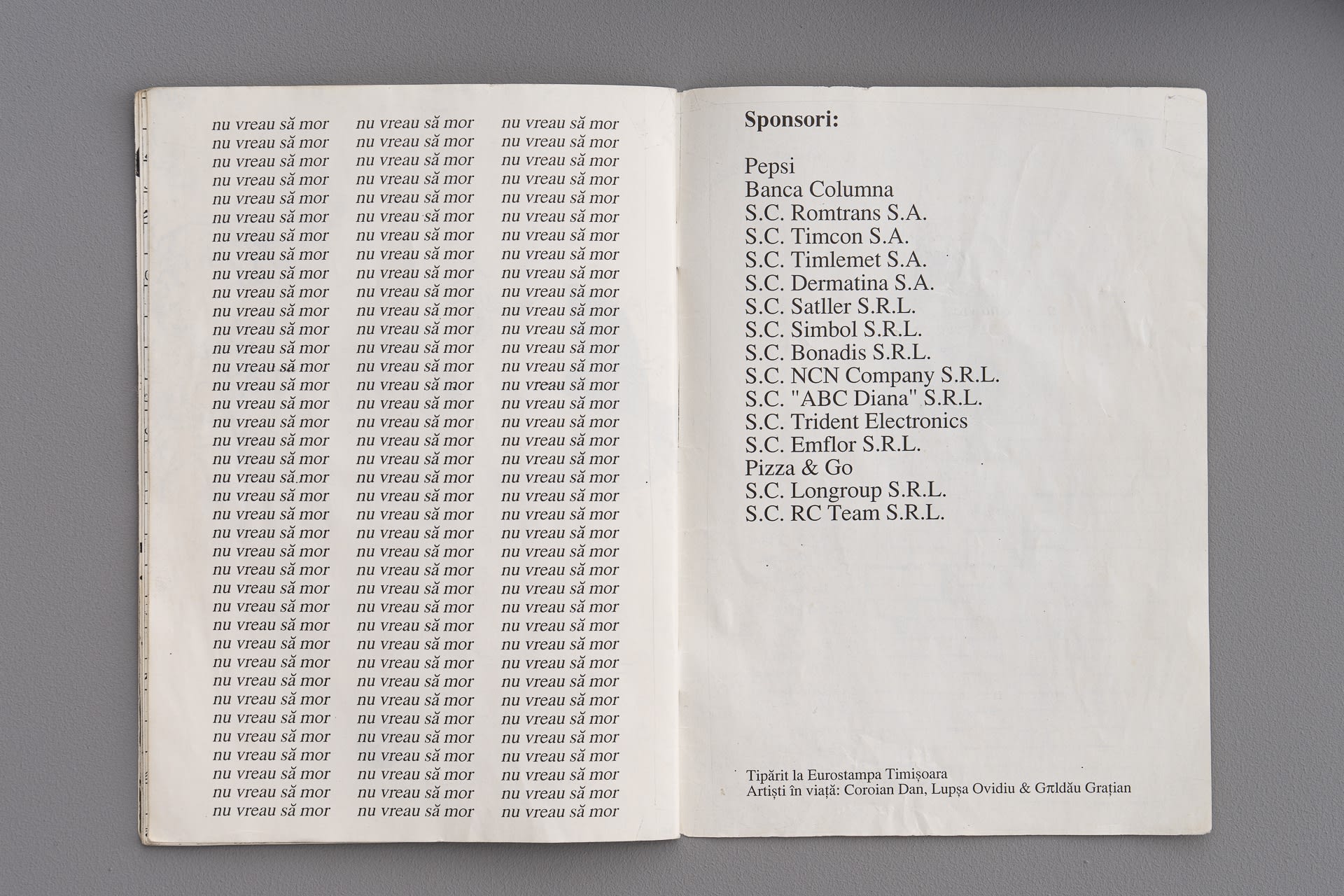 Grațian Gâldău I don‘t want to die vs. Sponsors Studentfest Brochure, 1995 Offset print Printed 500, (3 remaining)