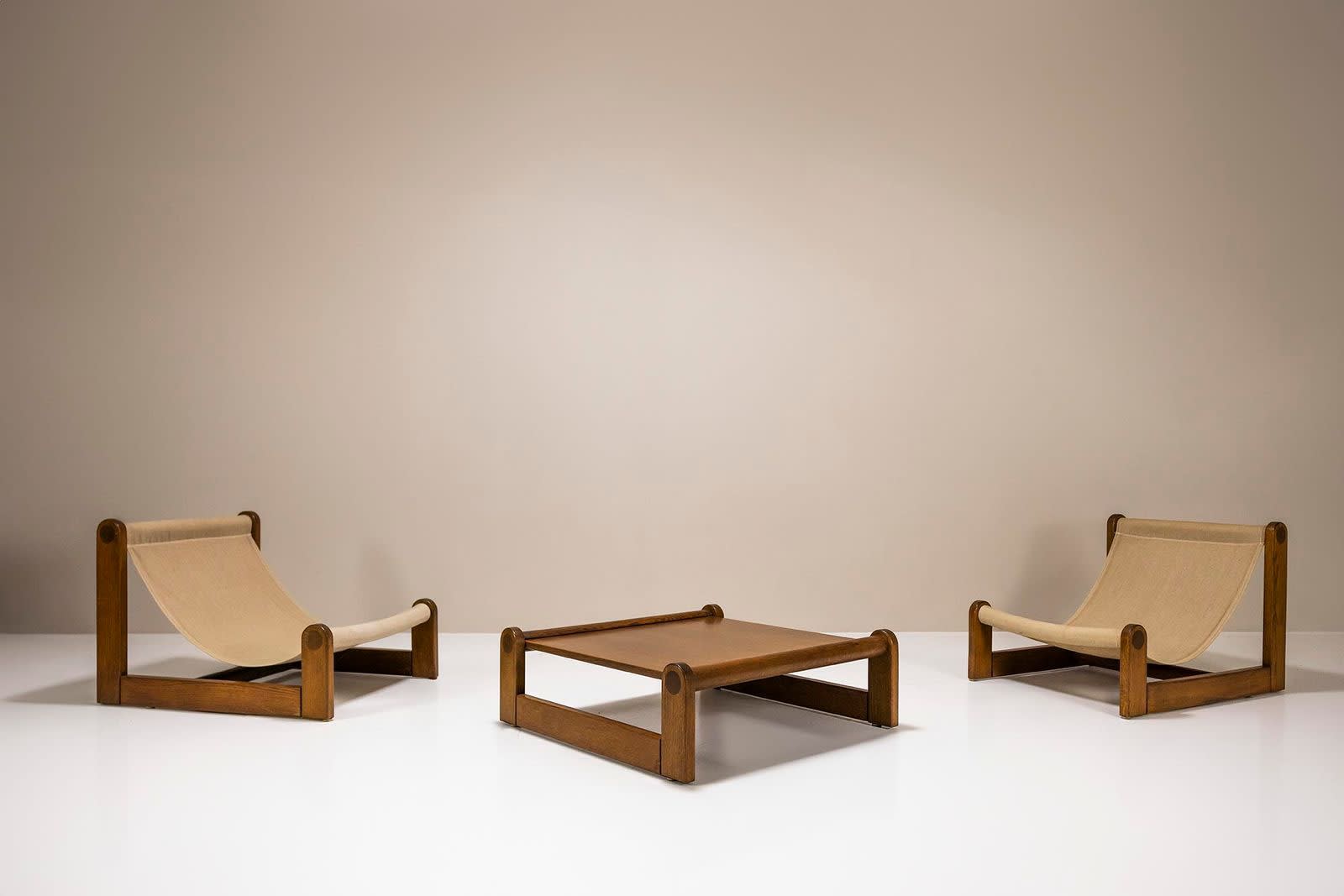 Set of Brutalist Sling Chairs and Coffee Table in Oak and Canvas, 1970s , SOLD