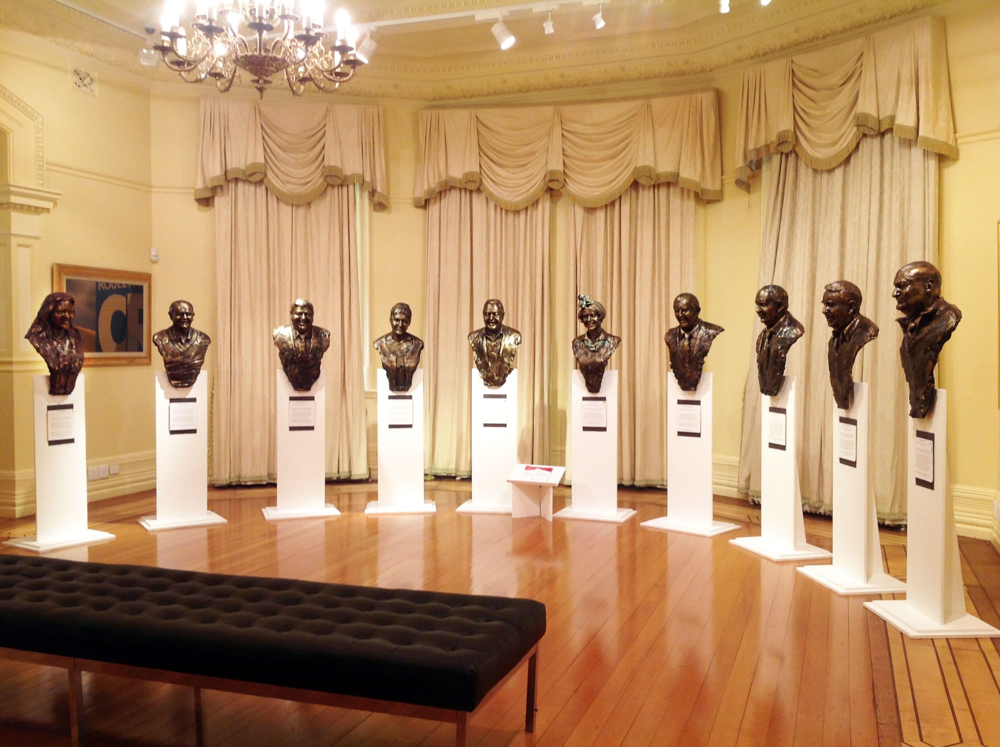 All the busts from the Icons of Business collection on display at Stonington Mansion in Malvern, Victoria, showcasing prominent Australian business leaders in a historic and elegant setting.