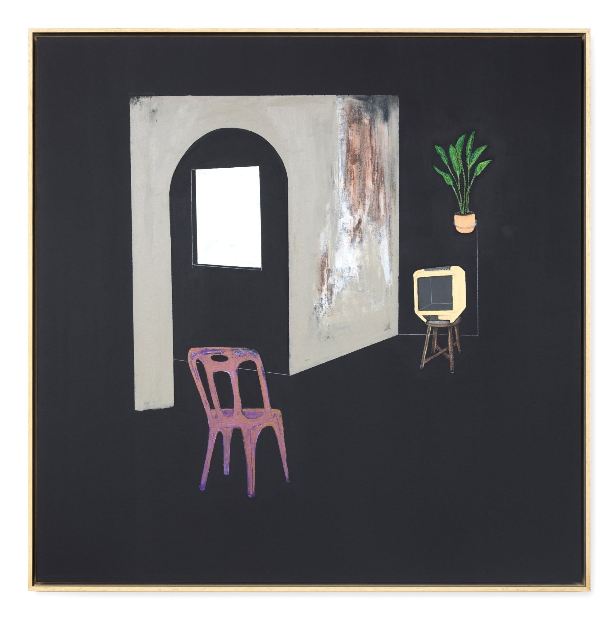 Dhavinder Singh Sitting still, planting thoughts (empty tv), 2025 Acrylic, emulsion, charcoal, graphite on canvas 122 X 122 cm