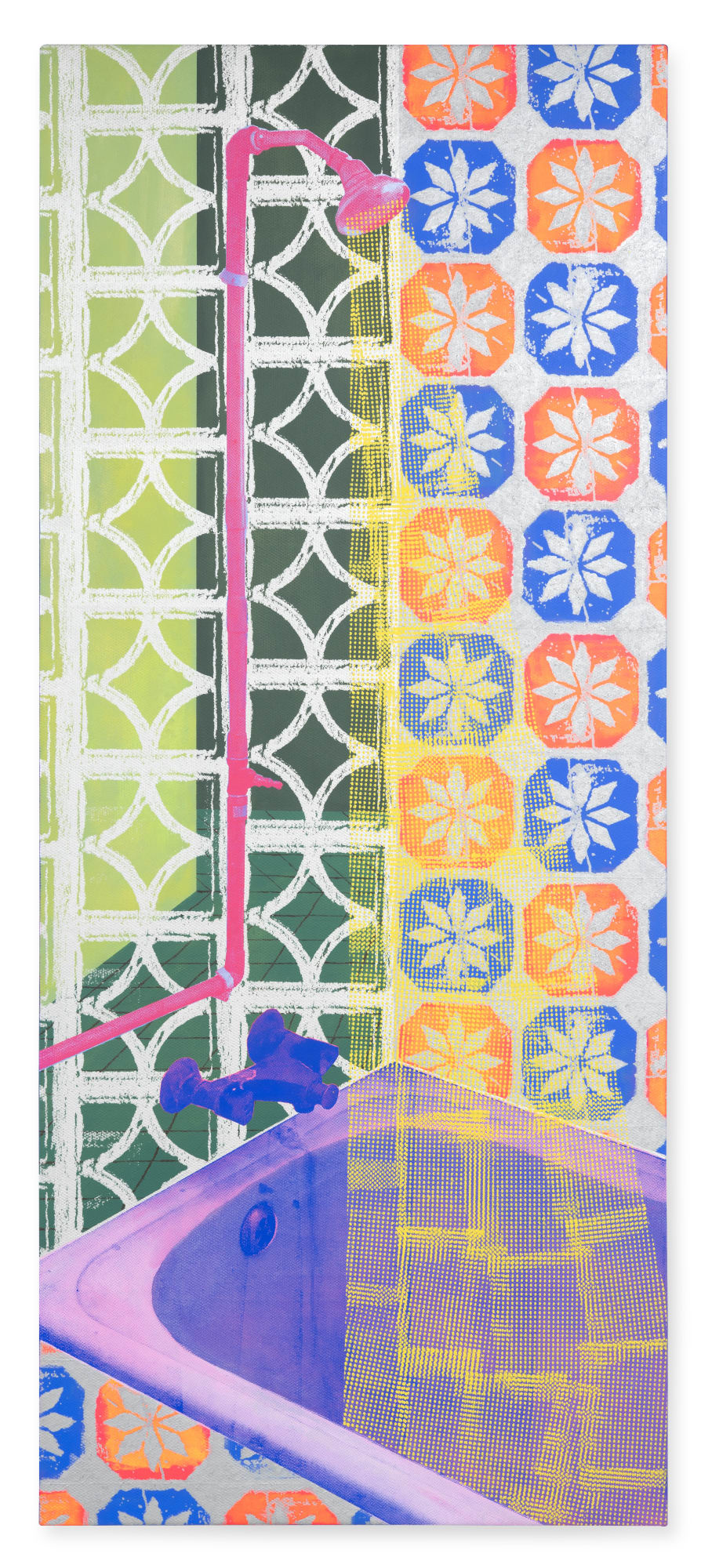 Sanan Anuar Mandi Bunga, 2025 Acrylic and screen printing on canvas 76 X 182 cm