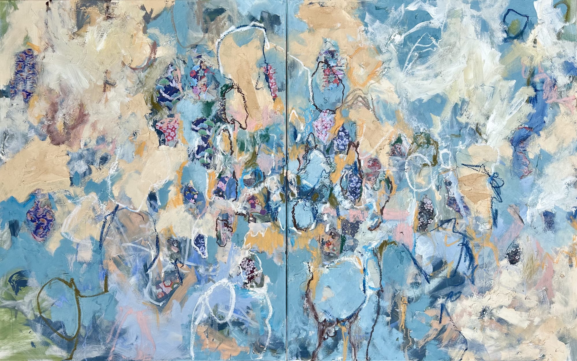 Kaitlin Kraemer Sweet Nothings, 2024 oil, origami paper, oil pastel on canvas 100 x 160 cm, diptych