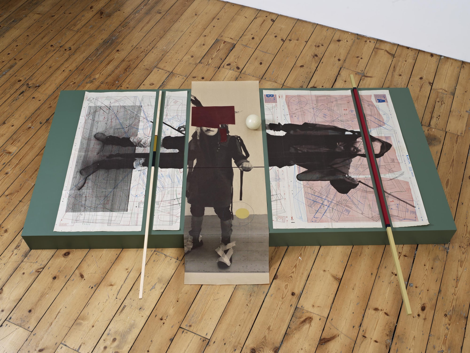 Seb Patane are we brothers in arms in brothers we are 2013 screenprint and pencil on printed paper, paint, wood, tape, leather 17,5 x 153 x 223 cm