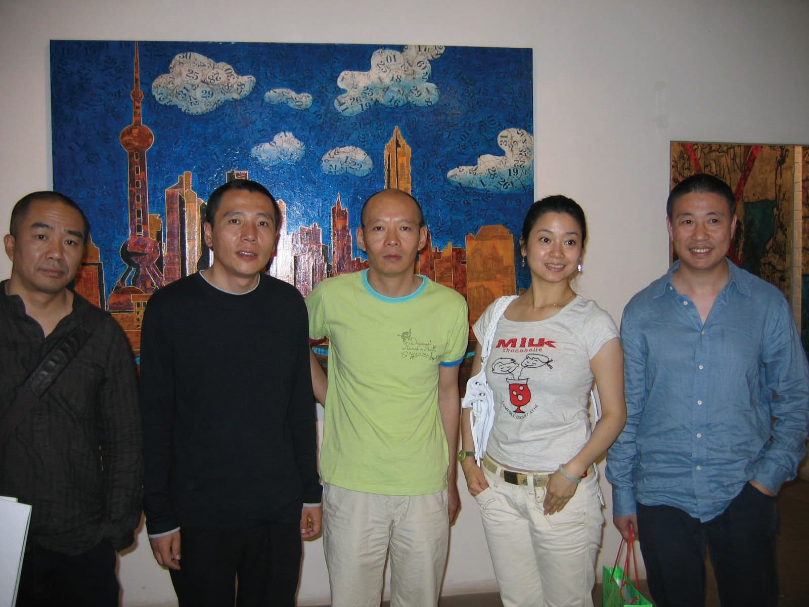 Xue Song with Zeng Hao, Yue Minjun, Yu Er and Qu Fengguo during his solo exhibition at Dimensions Art Centre, 2006
