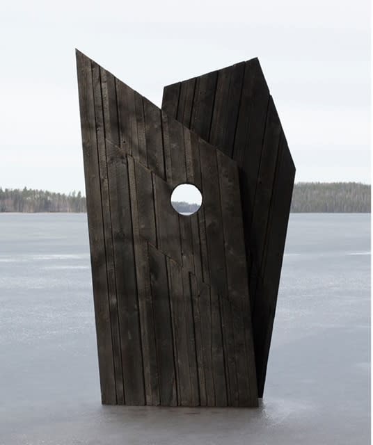 Lucid, Installed at Lake Paijanne, Finland 2020, Site-specific installation, charred pine, plywood, 45 x 6 x 83 inch / 115 x 15 x 210 cm. Installed on lake Päijänne, Finland, February 2020.