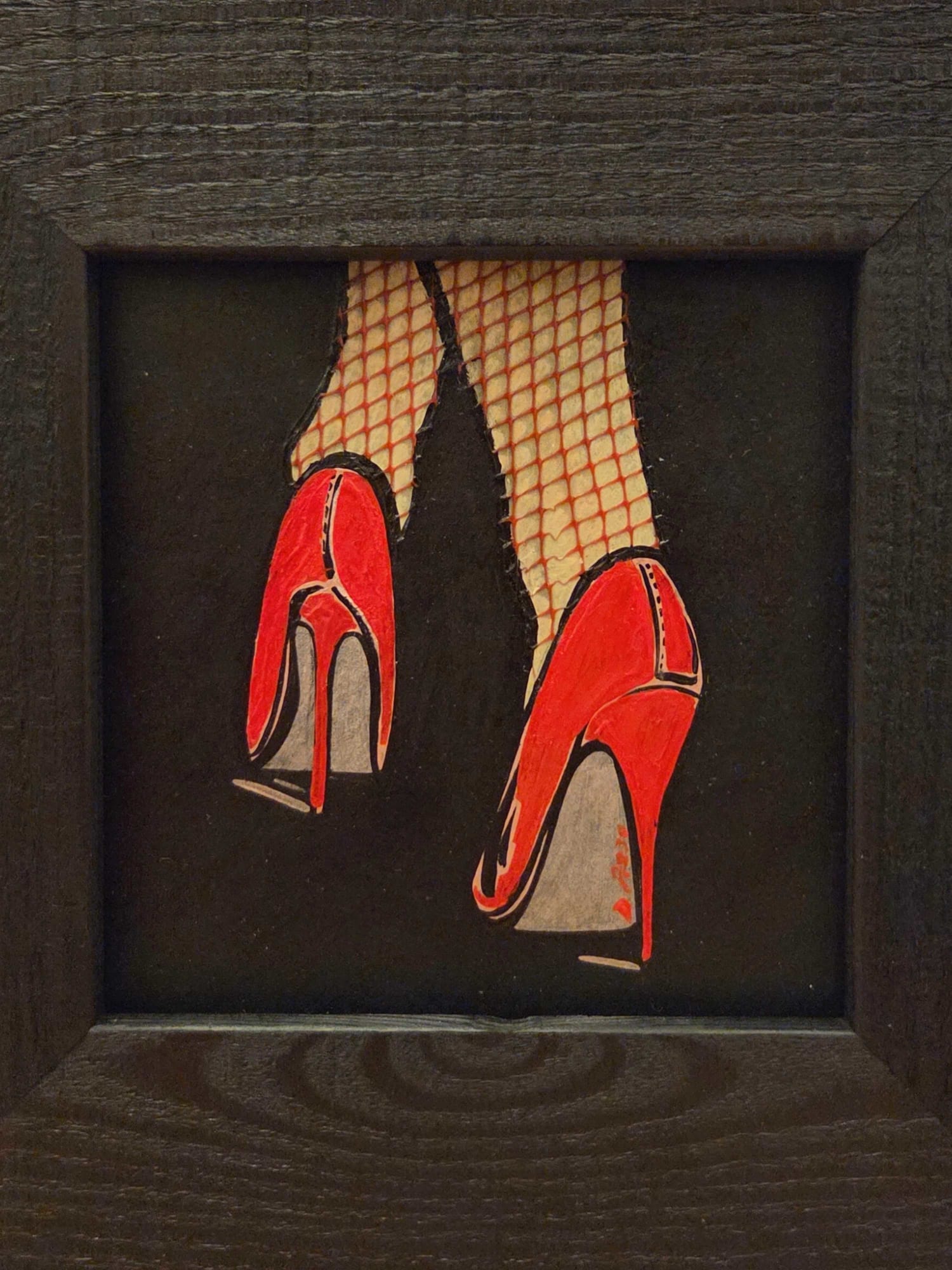 Deborah Azzopardi Business Shoes Acrylic on 600g paper with mesh polyethylene 22 x 22cm. Black wood frame with Art Glass £3000